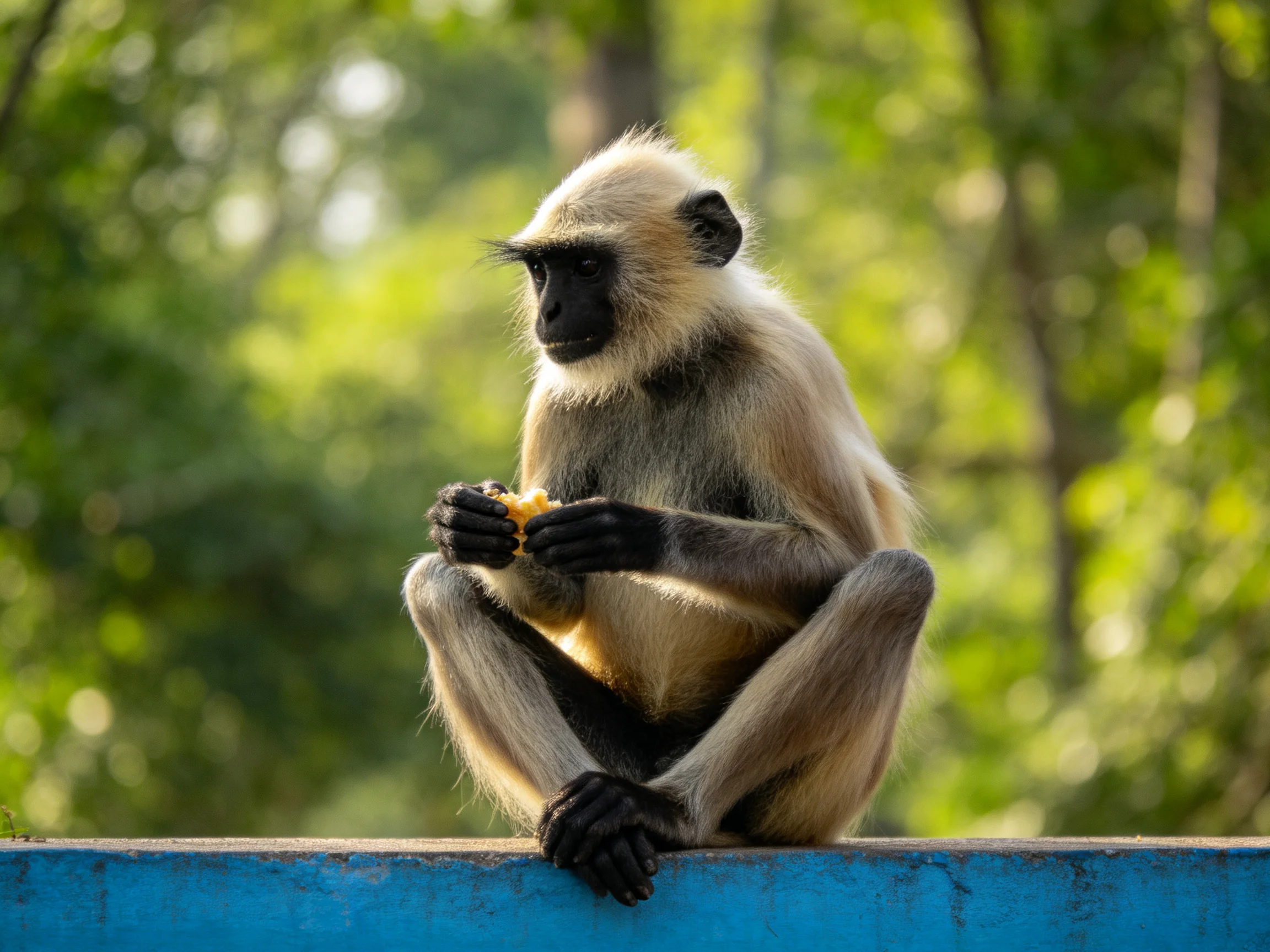 A light - colored langur monkey sits on a blue ledge eating food