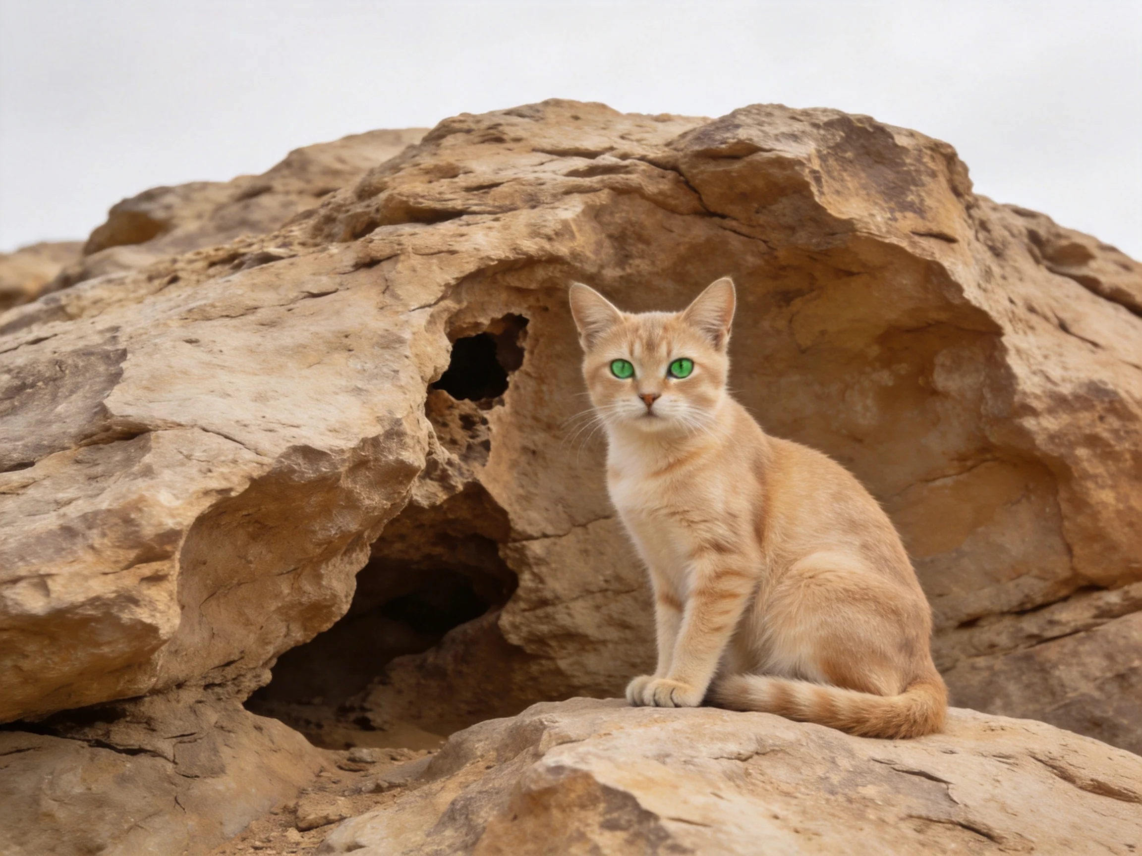 A light tan cat with bright green eyes sits among large, earth-toned rock formations