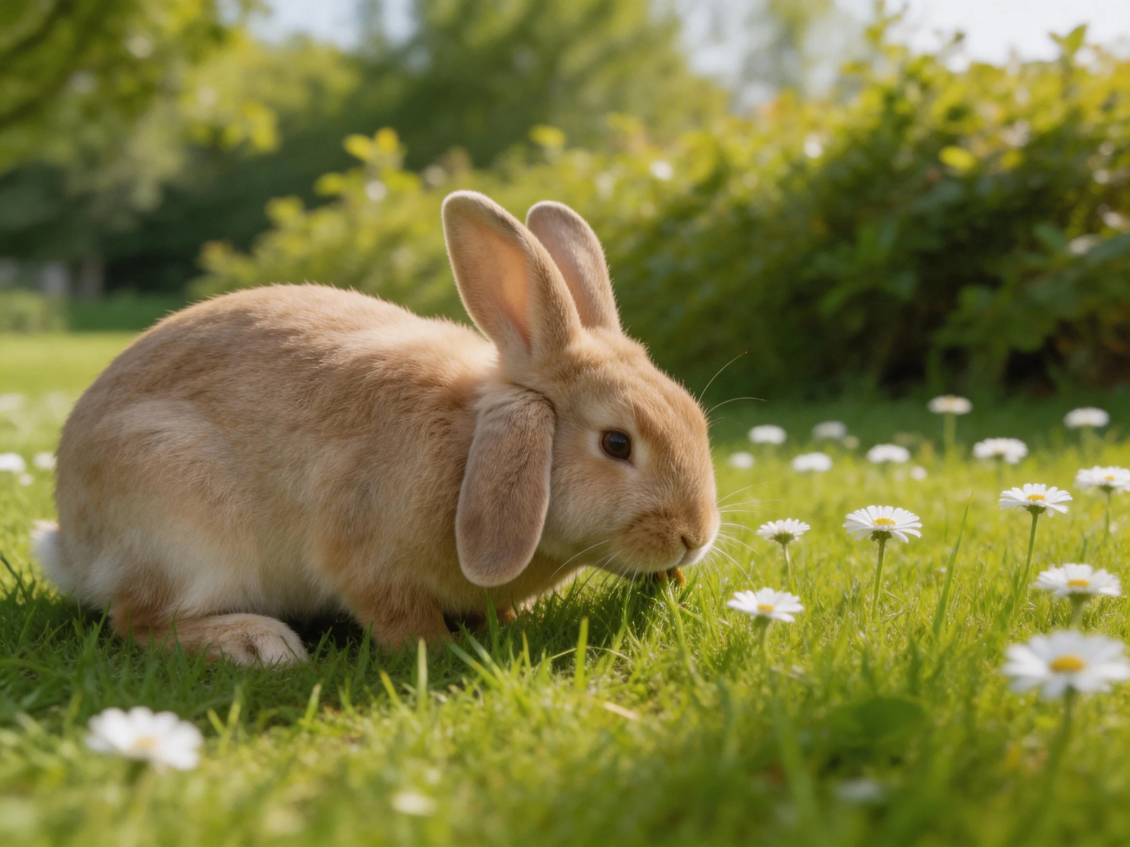 A light tan rabbit grazing near white daisies in lush green grass