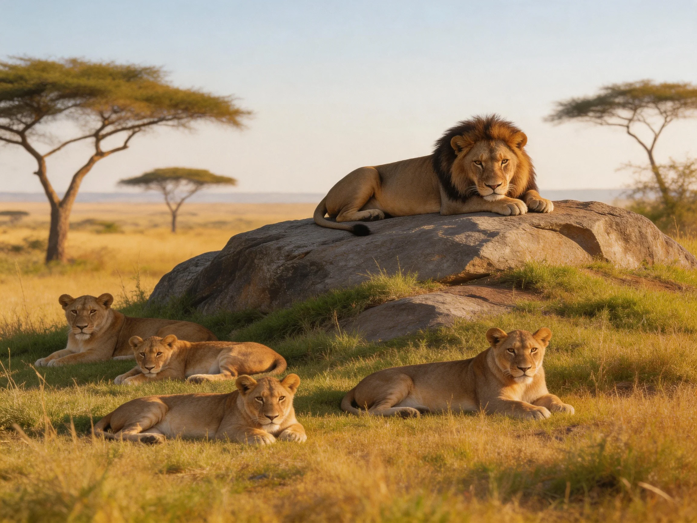 A lion and four lions rest near a large rock in golden savannah