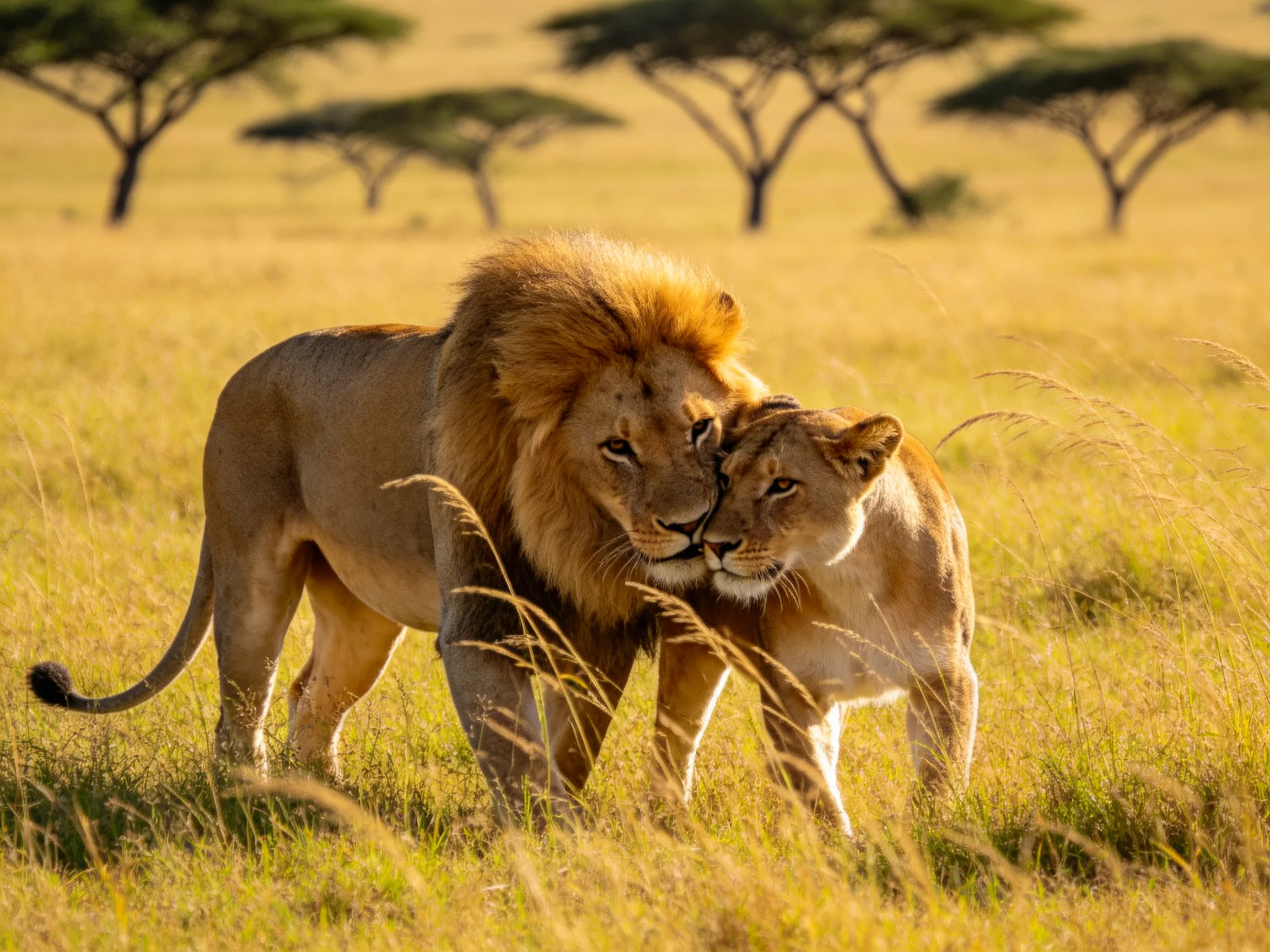 A lion and lioness nuzzle in sunlit savannah grasslands