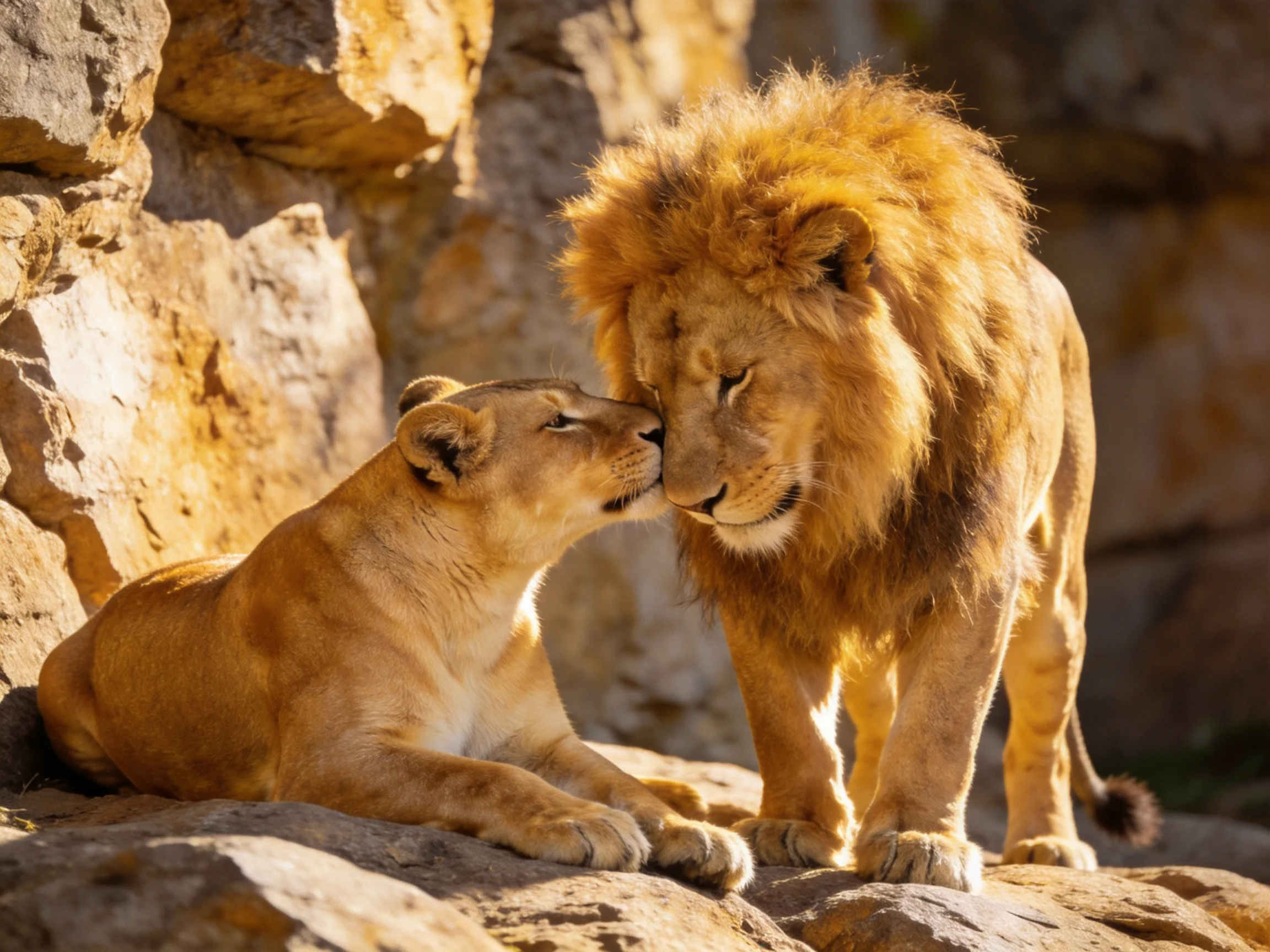A lion and lioness nuzzle together beside rugged stone formations