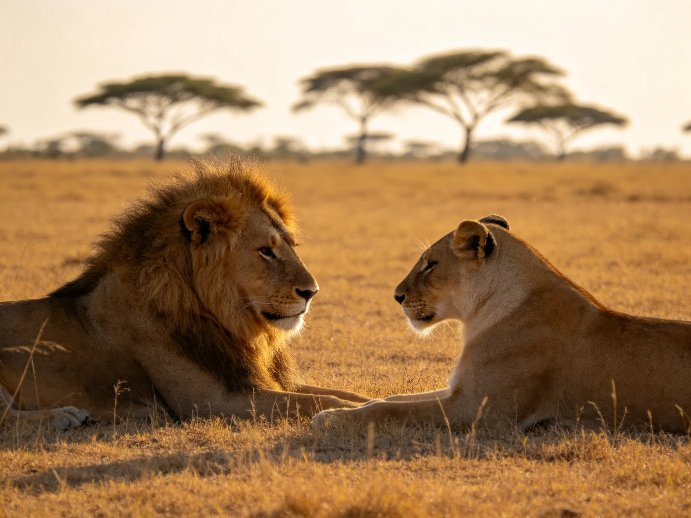 A lion and lioness rest on a golden savannah with acacia trees