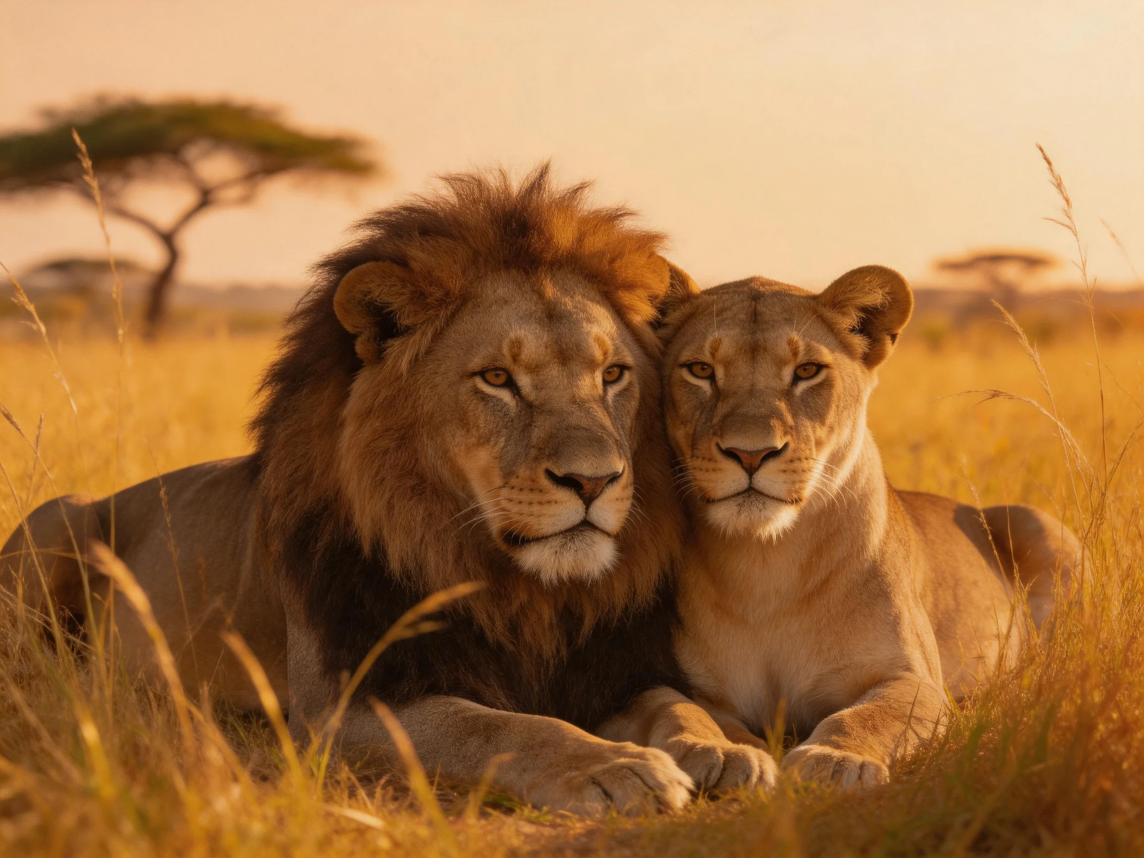 A lion and lioness rest together in golden savannah grass