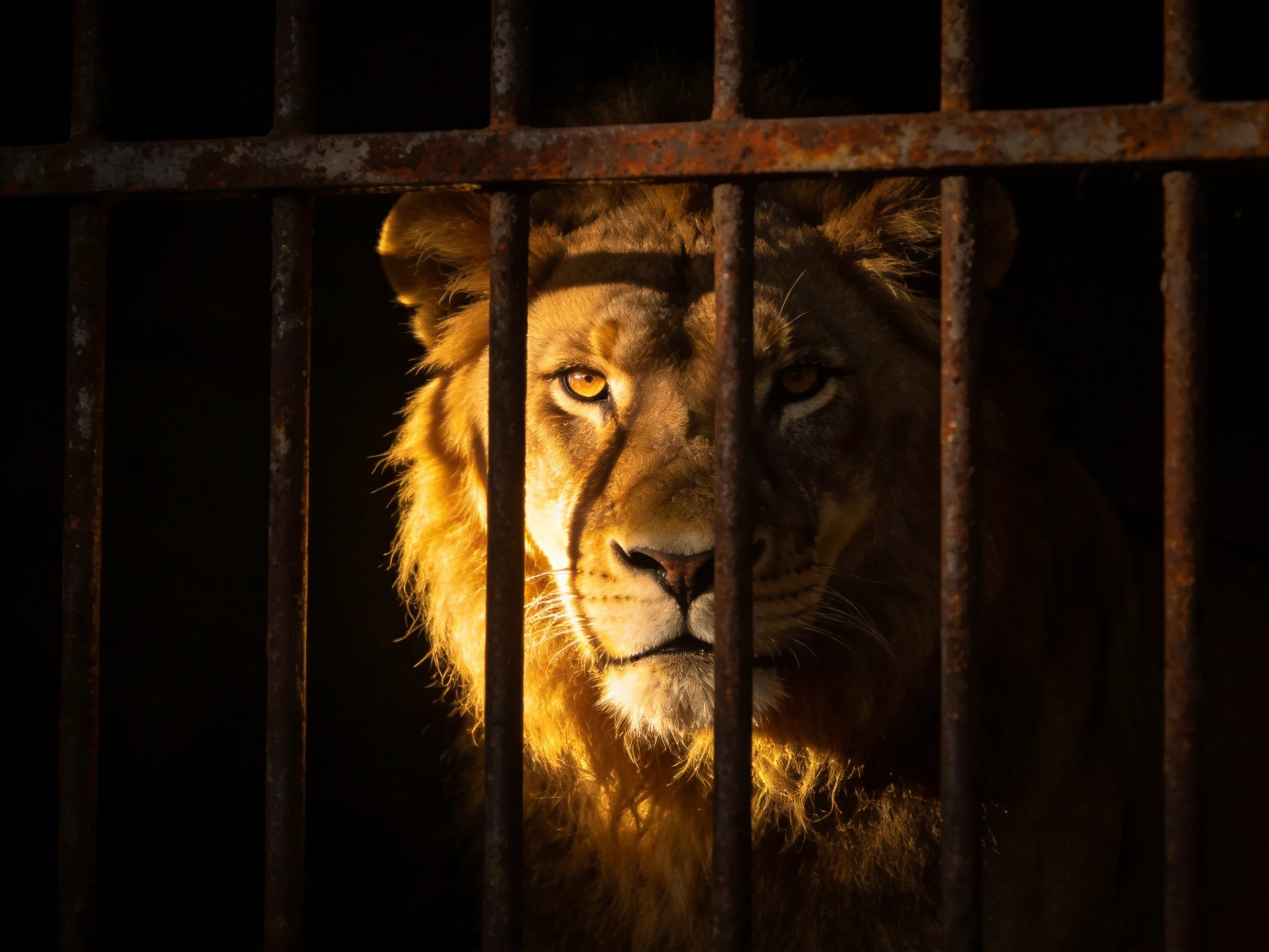 A lion behind rusted metal bars bathed in warm golden light