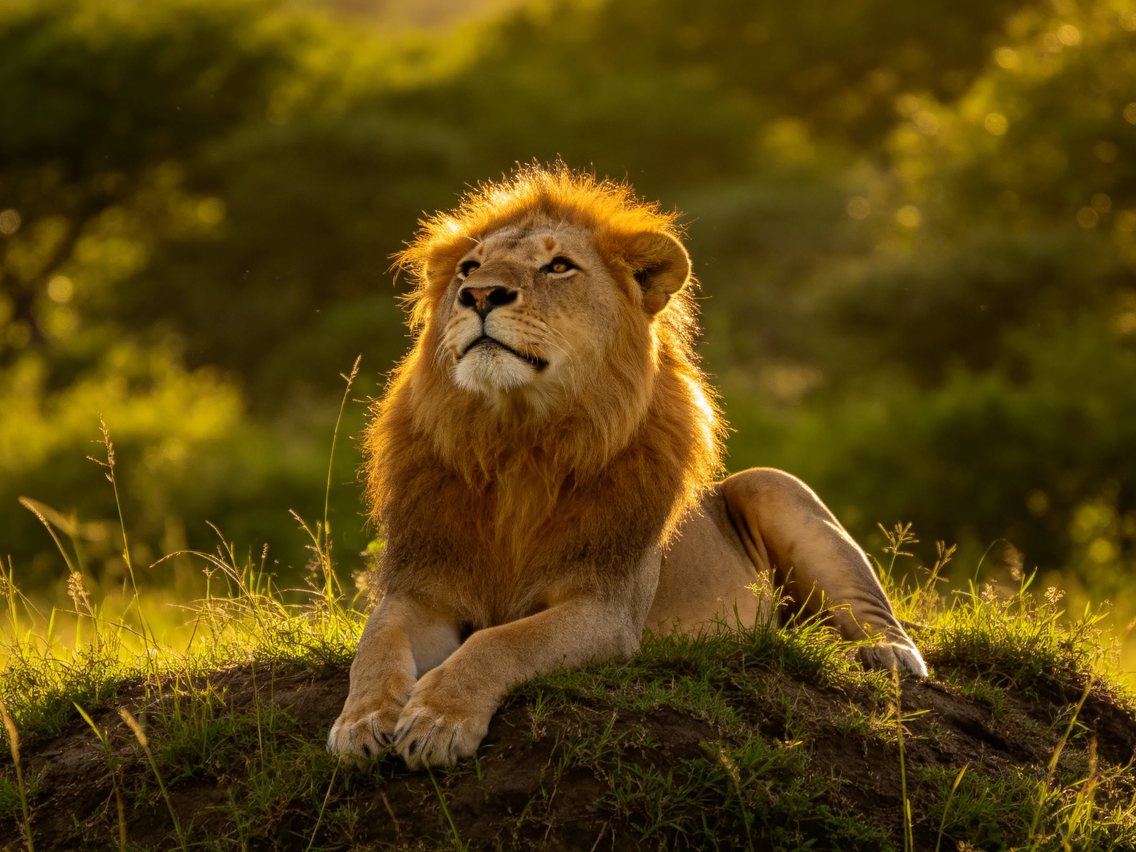 A lion with a golden mane reclines on a grassy mound in lush greenery