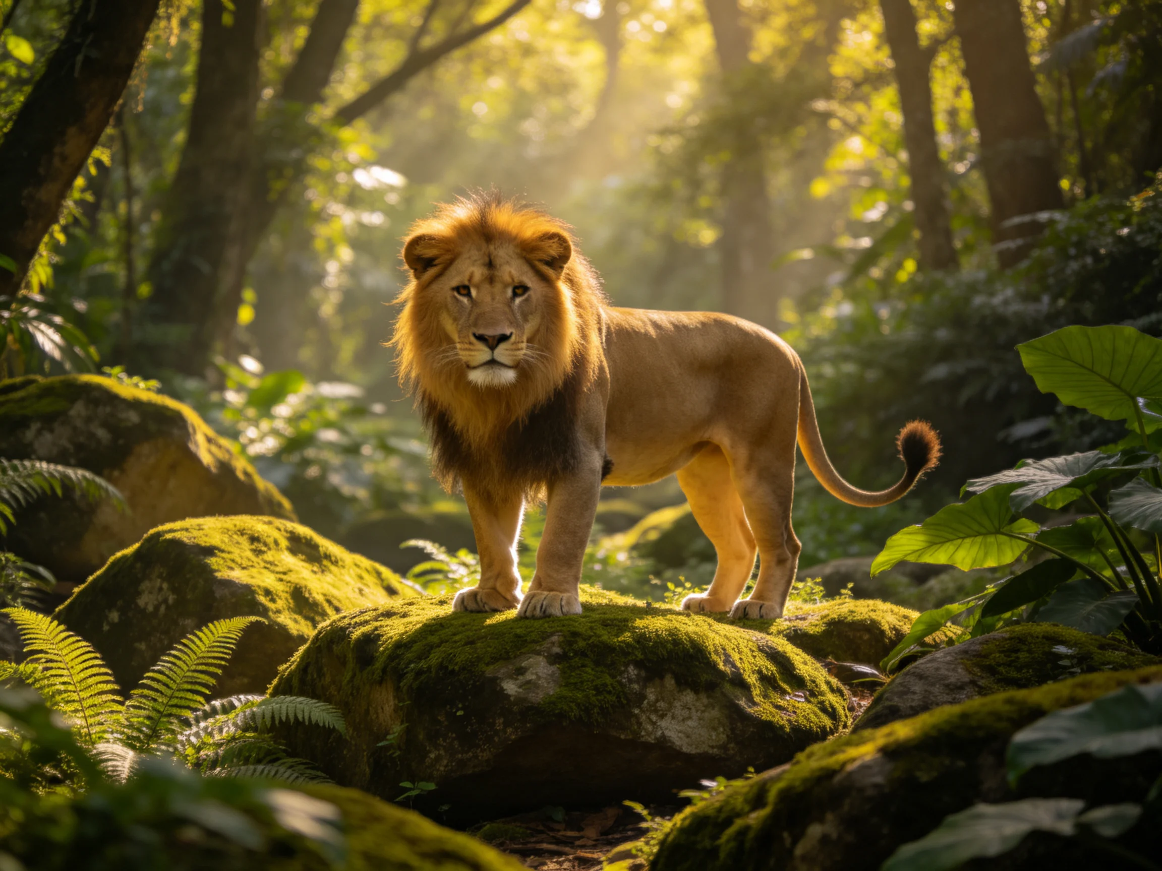 A lion stands on mossy rocks surrounded by lush greenery in a sunlit forest.