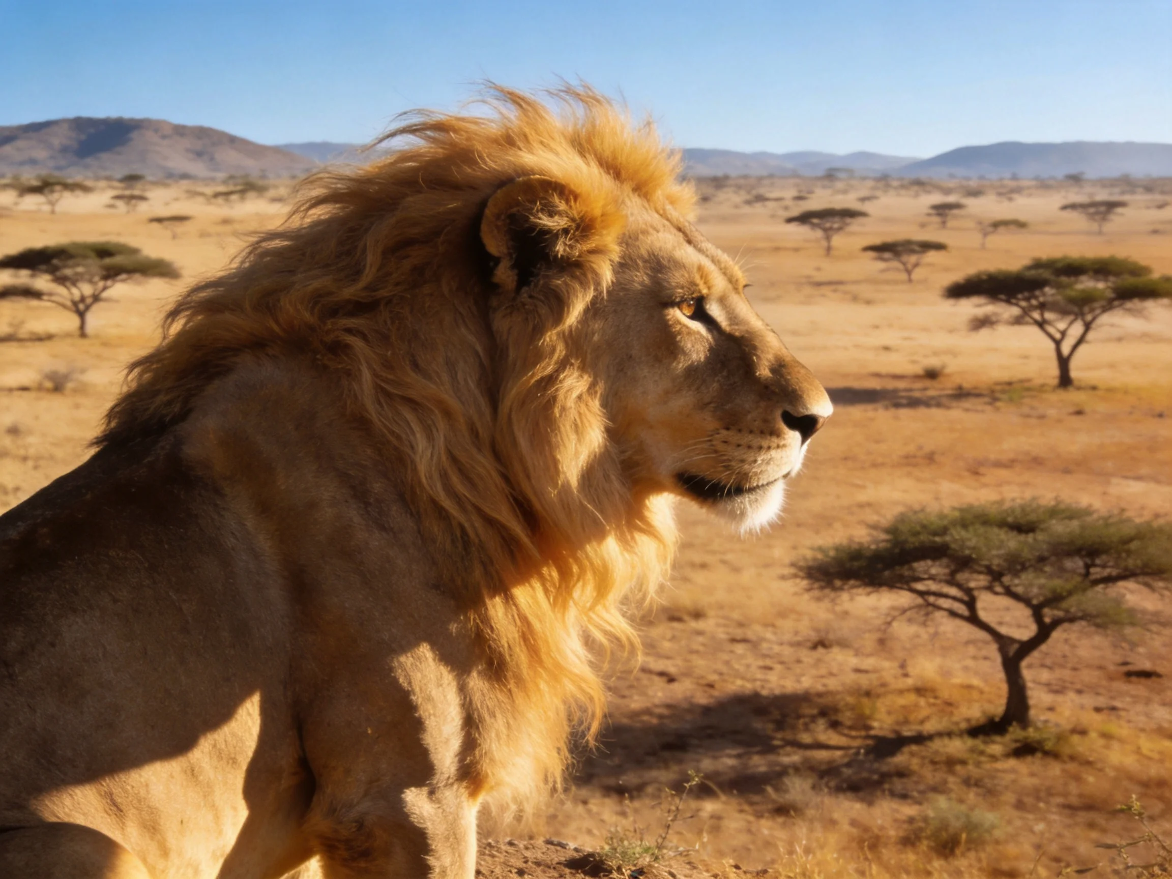A lion with a thick golden mane overlooks a vast savannah