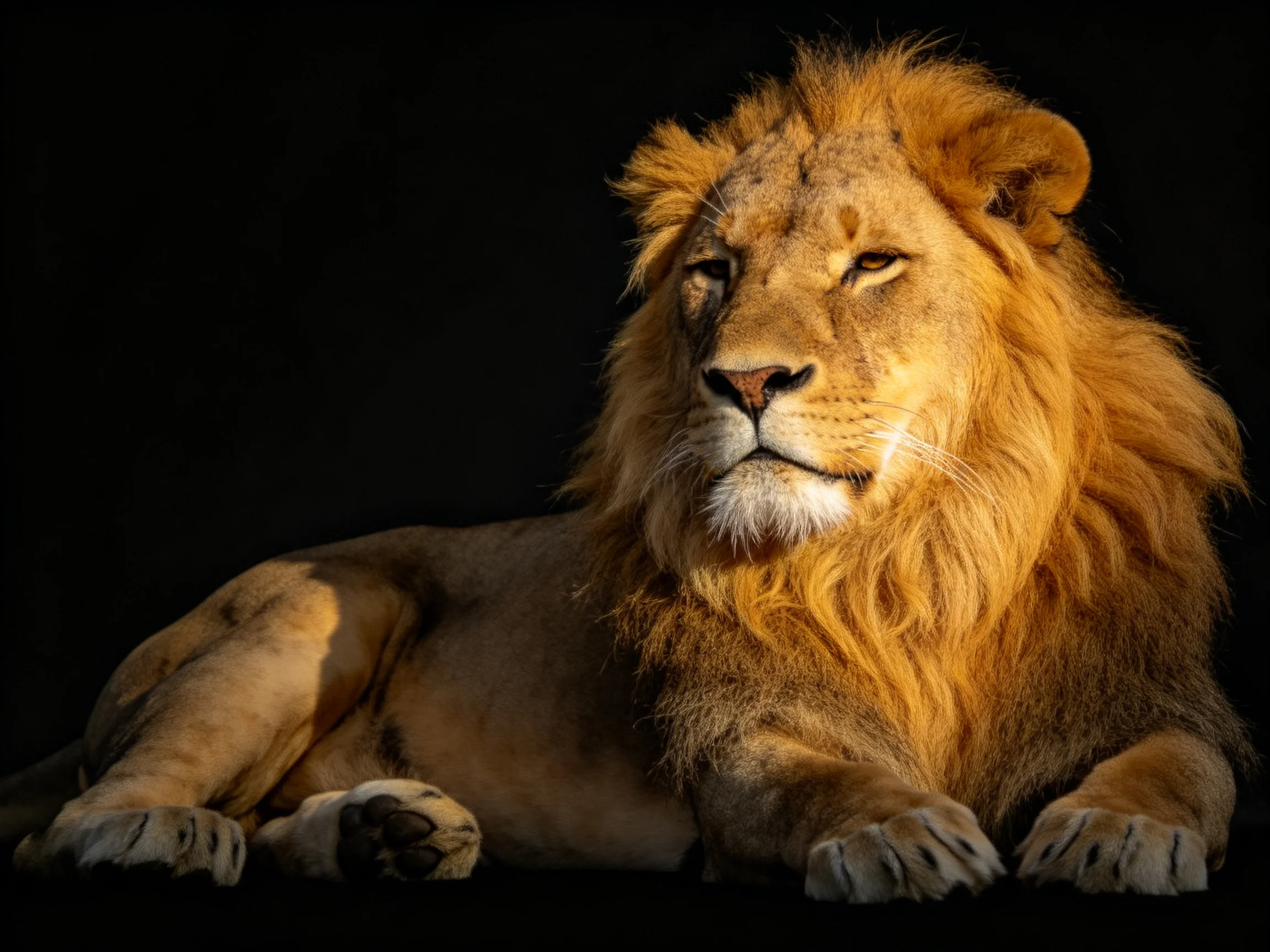 A lion with a golden mane rests calmly on a dark background.