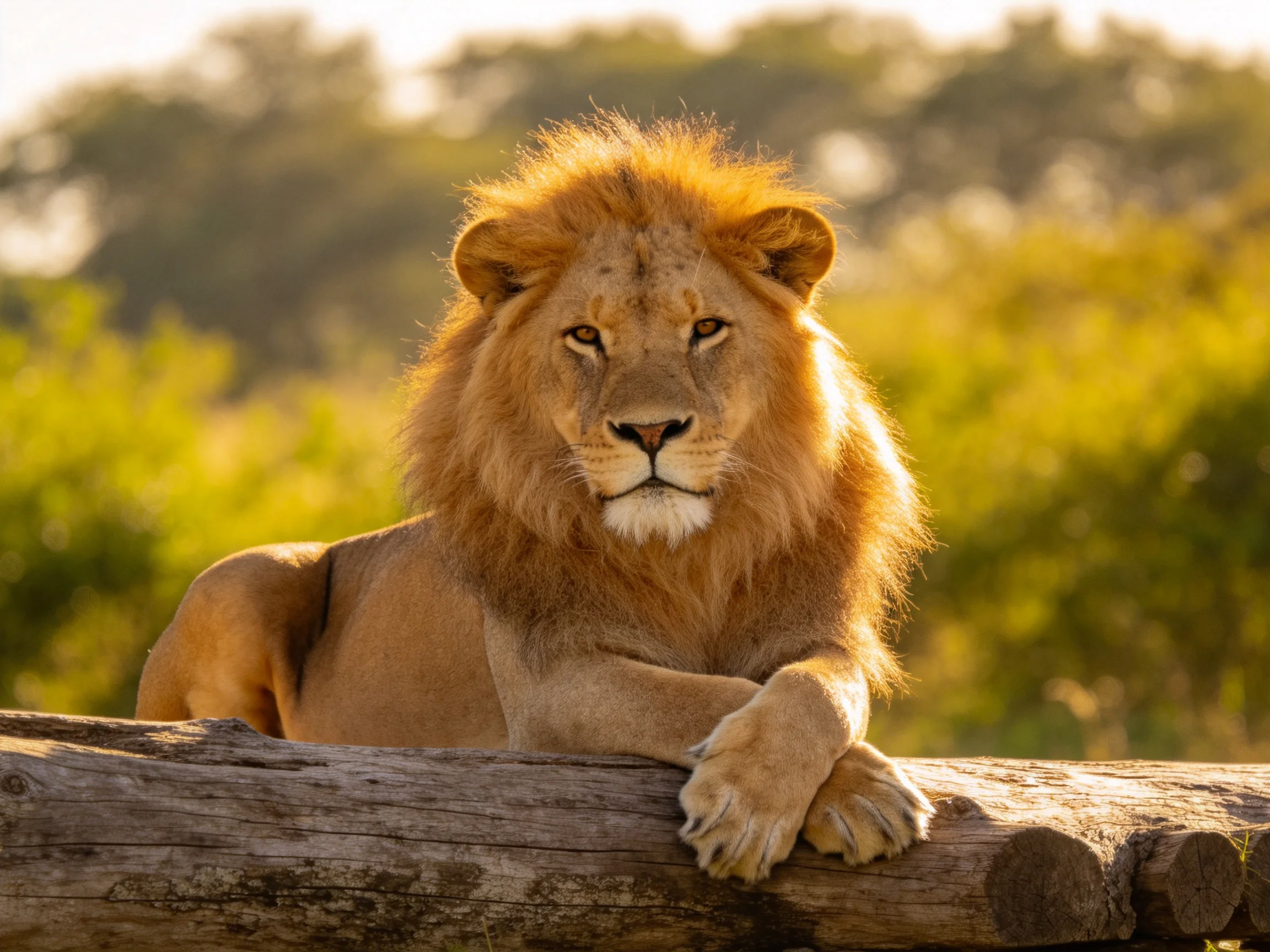 A lion with a thick golden mane rests on a log in a sunlit natural setting.