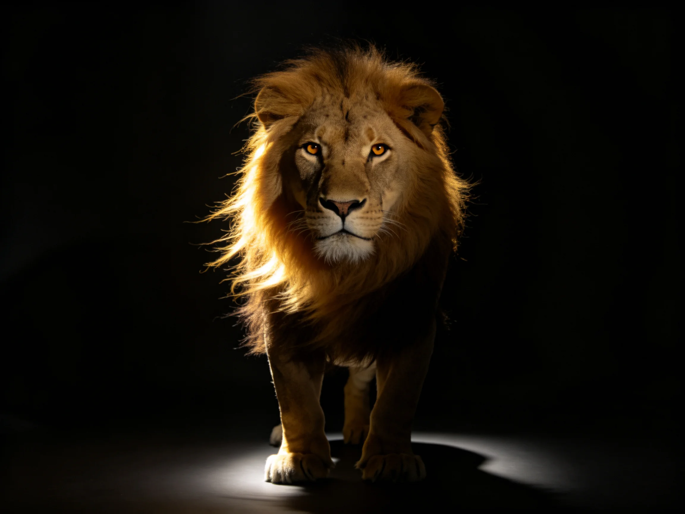 A lion with golden mane illuminated by spotlight on dark backdrop