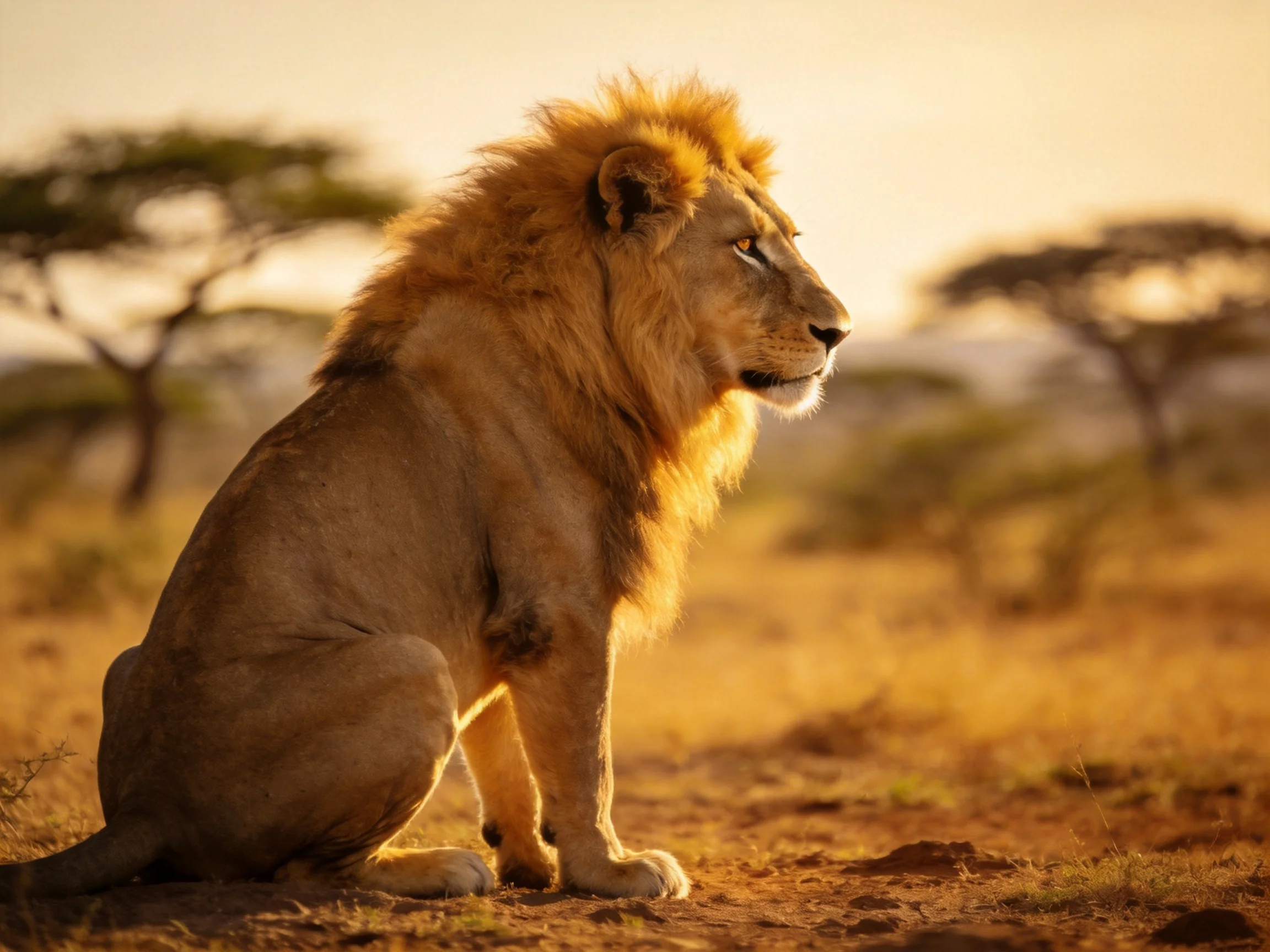A lion sits calmly in the savannah during sunset.