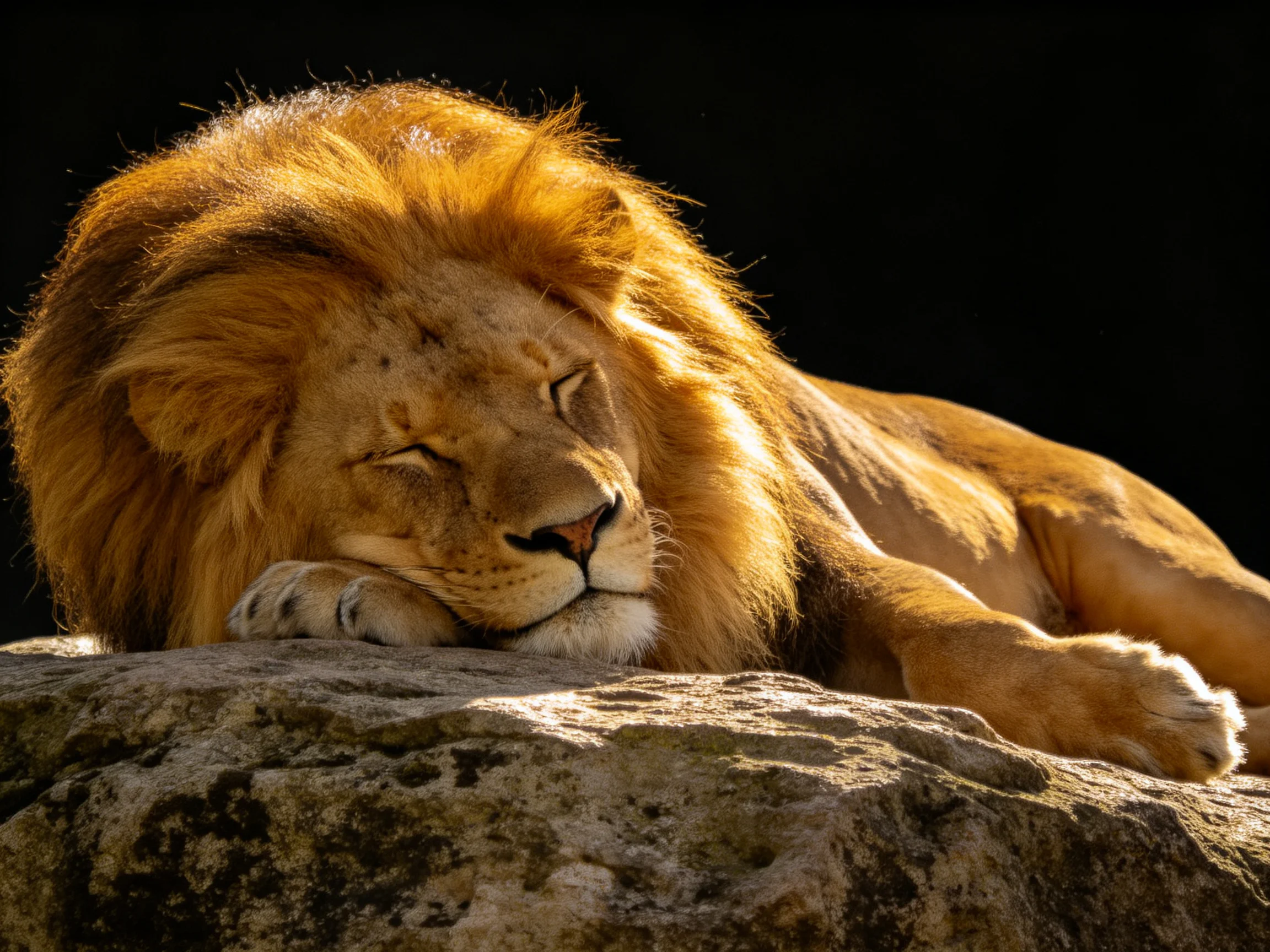 A lion with thick golden mane rests peacefully on a rock