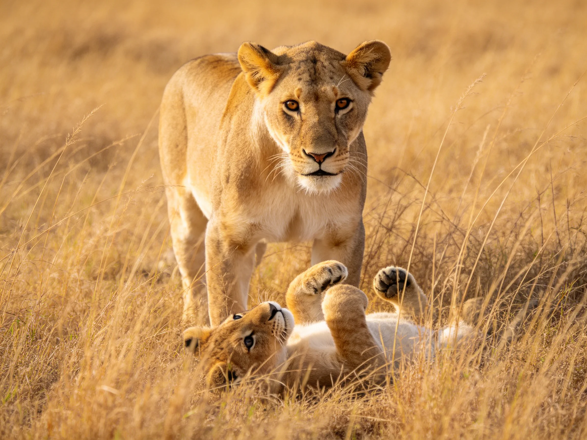 A lioness and cub in golden savannah grasslands
