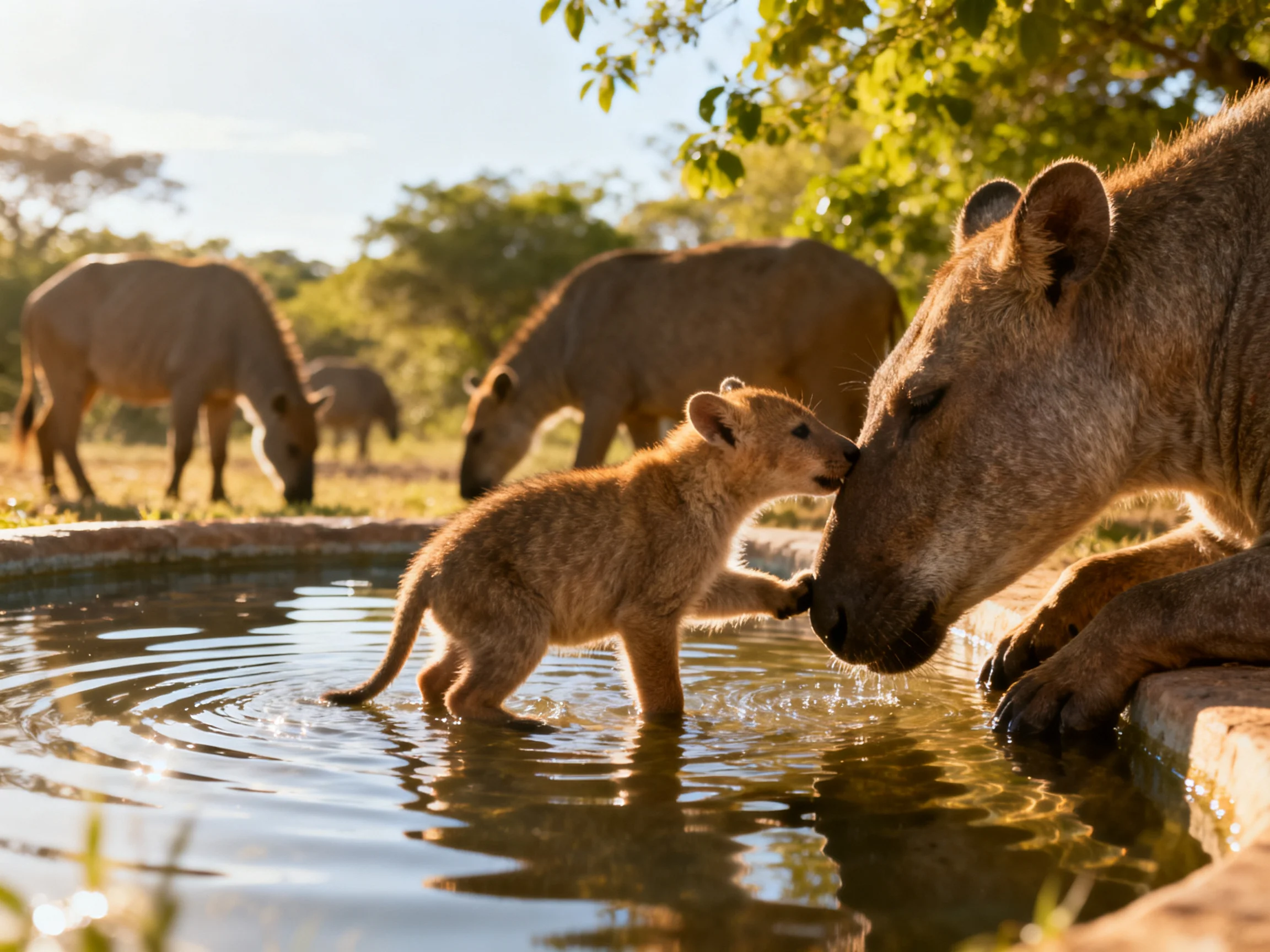 A lioness and cub interact by a waterhole with savannah wildlife under golden light