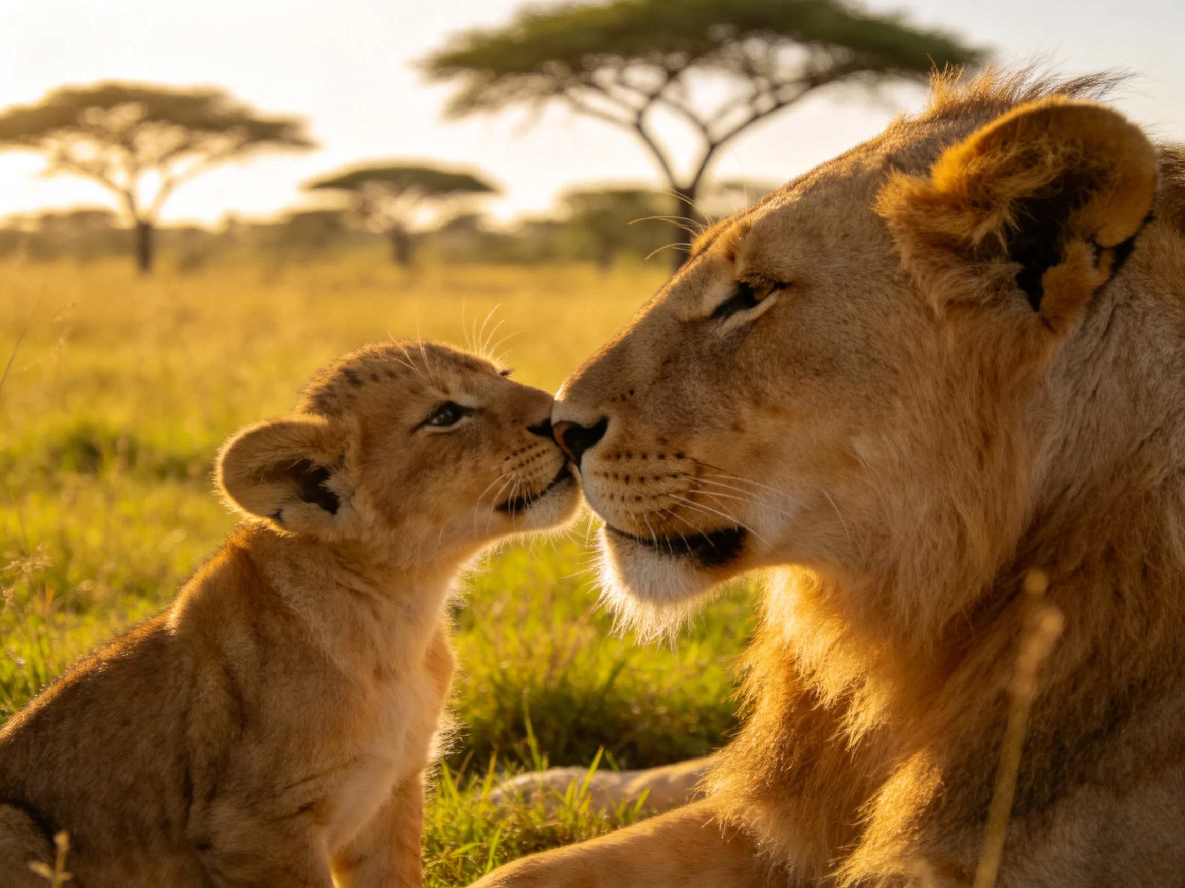 A lioness and cub nuzzle in a sunlit savannah landscape