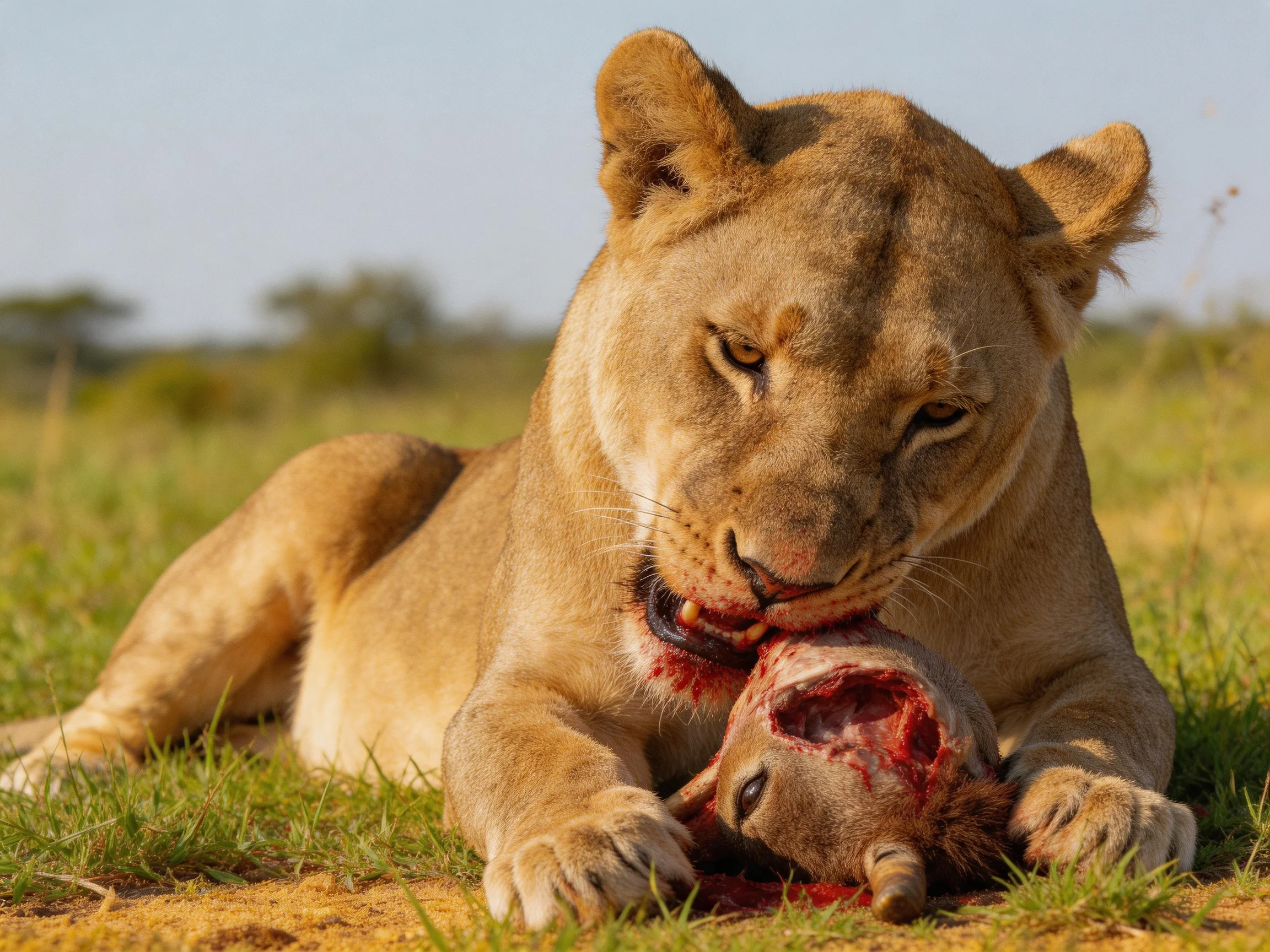 A lioness feeding on prey in a sunlit savannah field