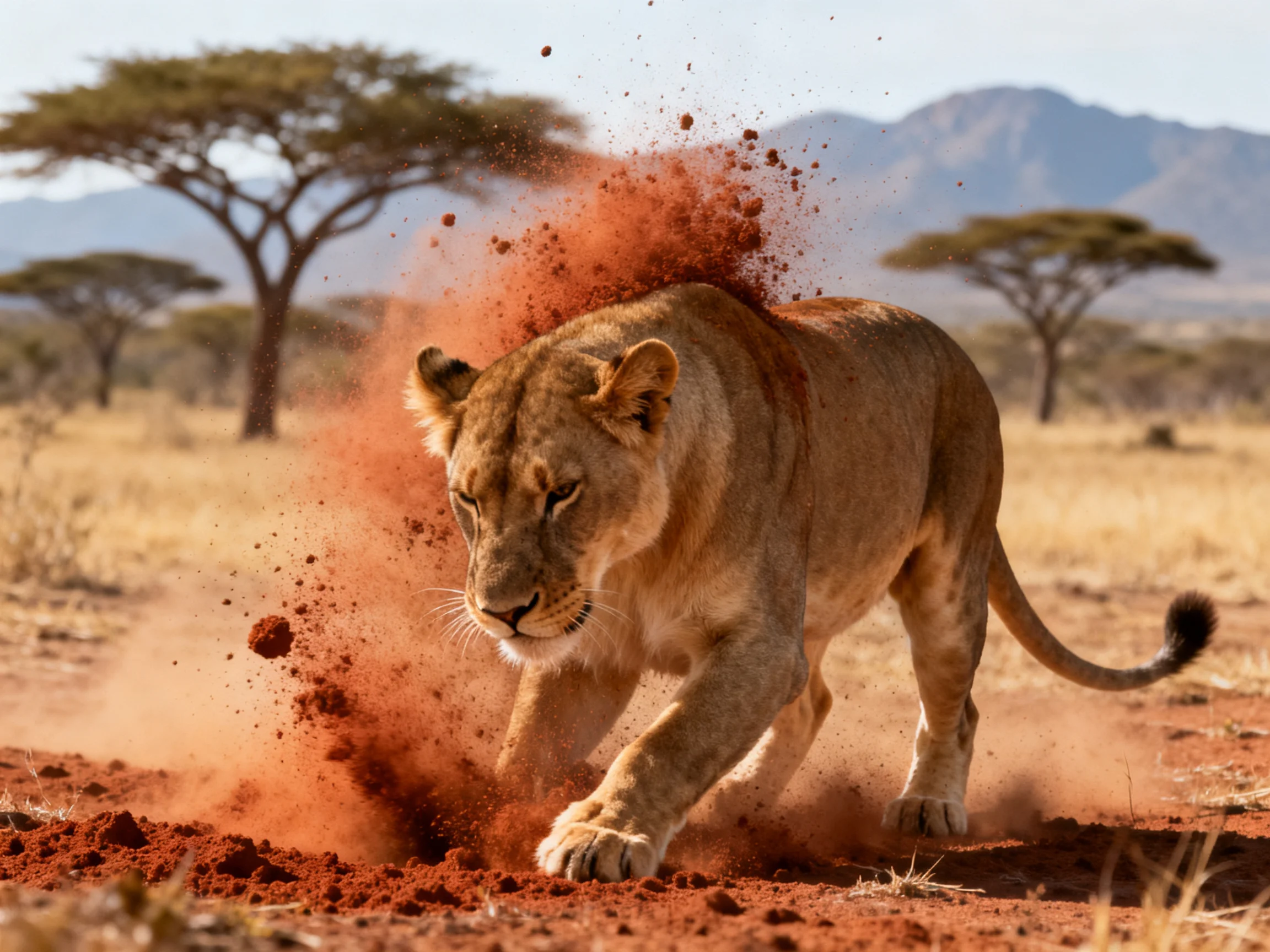A lioness kicks up red dust near acacia trees and distant mountains