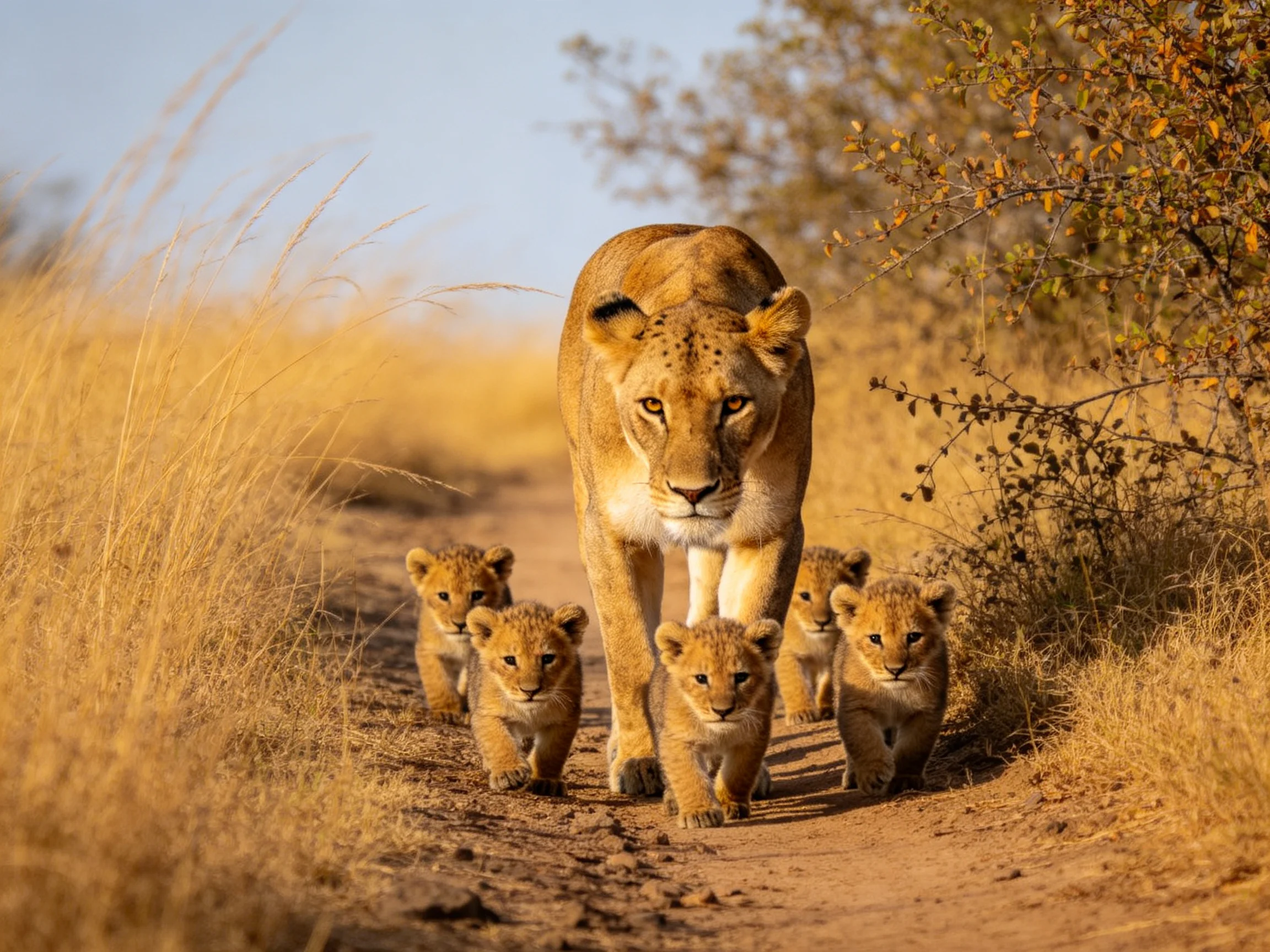 A lioness leads five cubs along a golden savannah path
