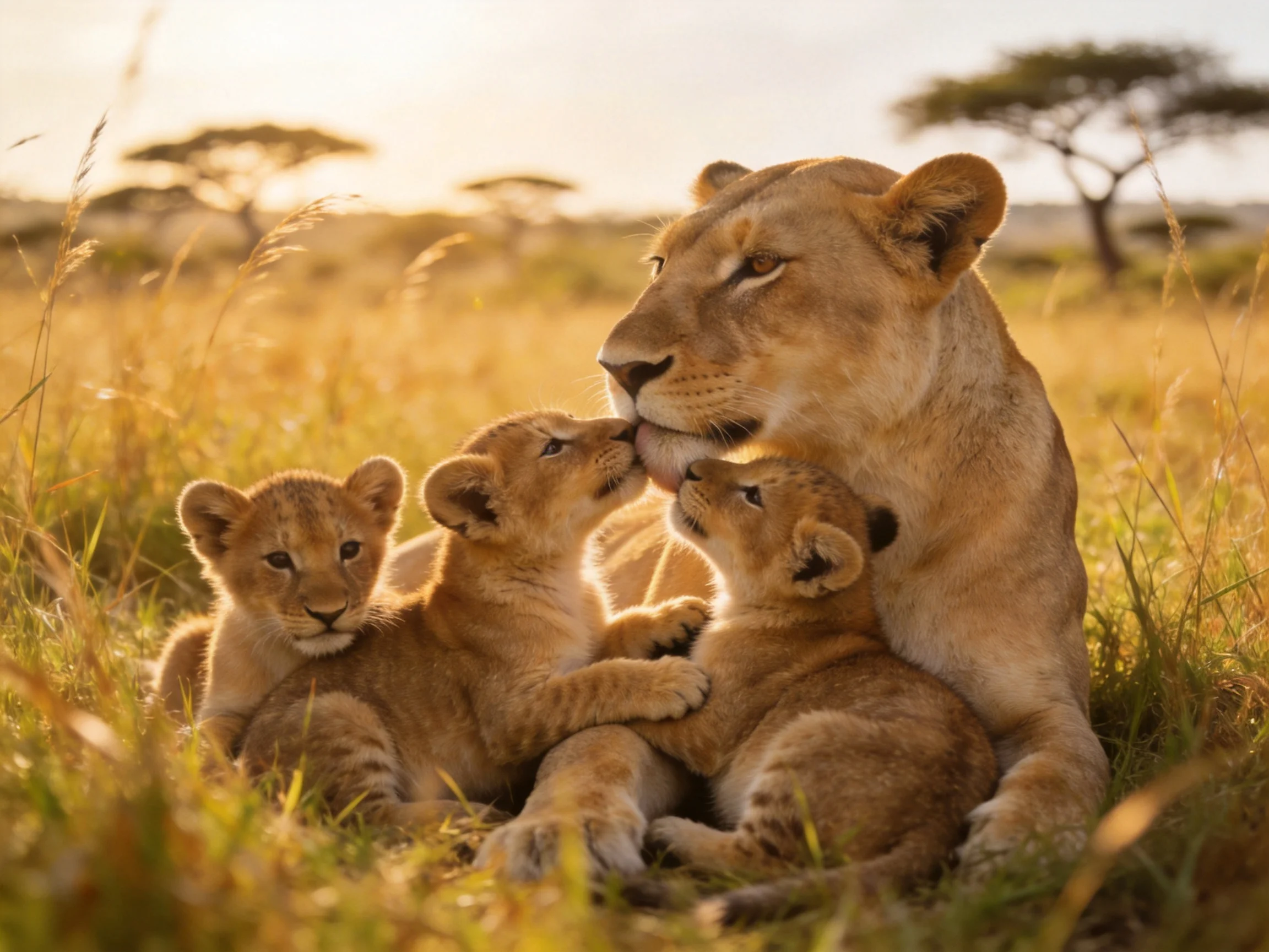 A lioness nurses three cubs among golden savannah grasses
