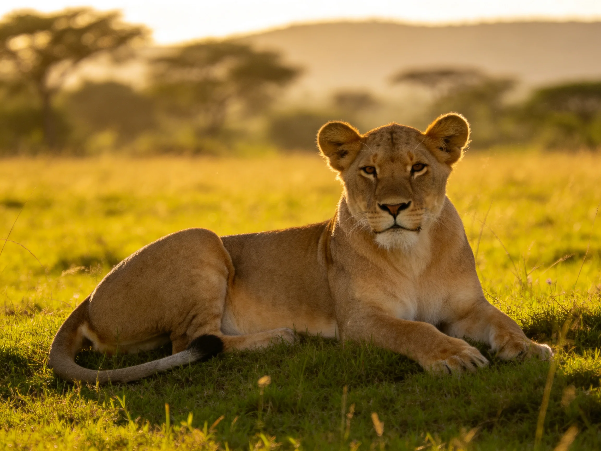 A lioness rests in a golden savannah landscape at dusk