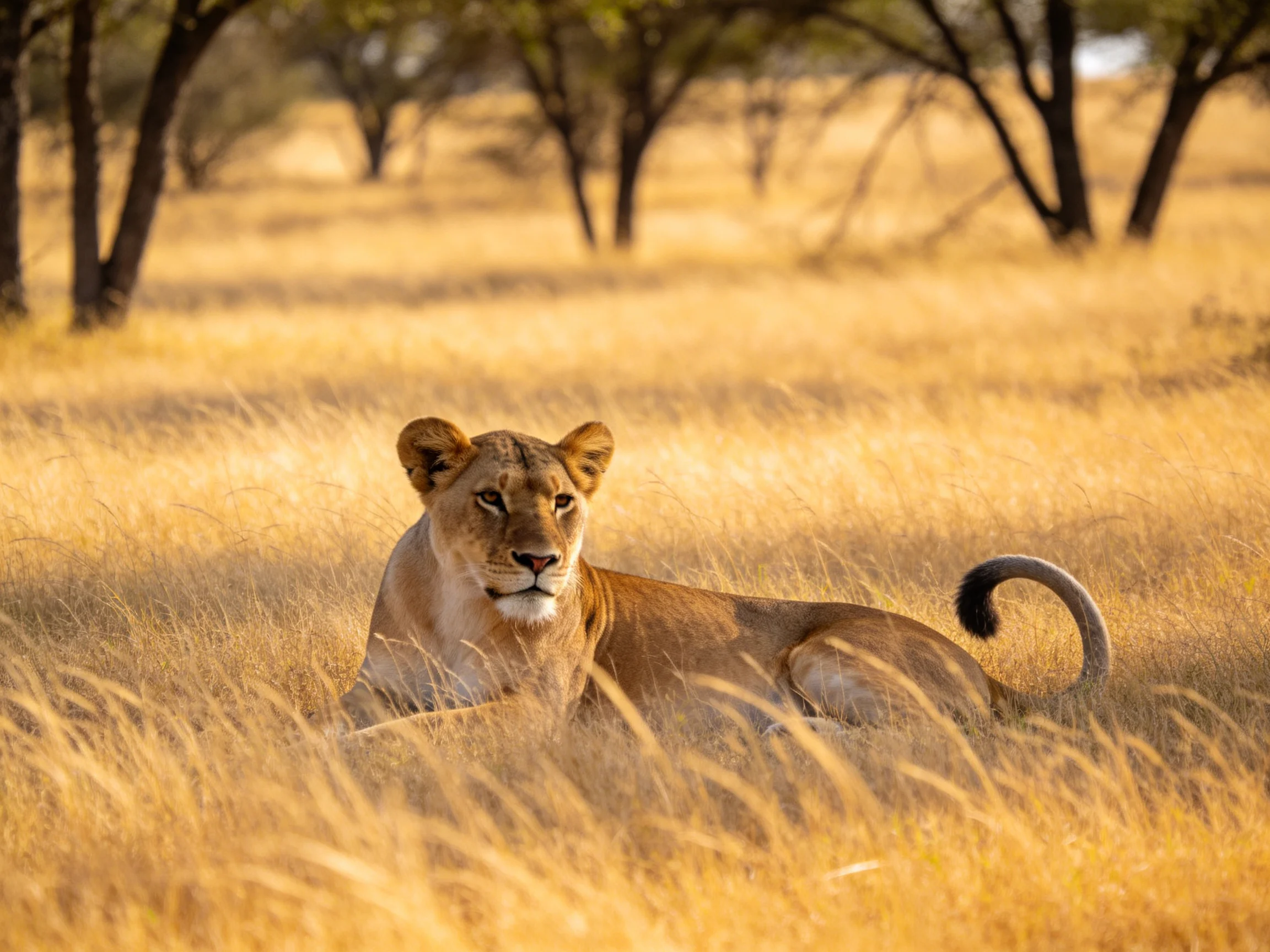 A lioness rests in tall golden savannah grass near scattered trees