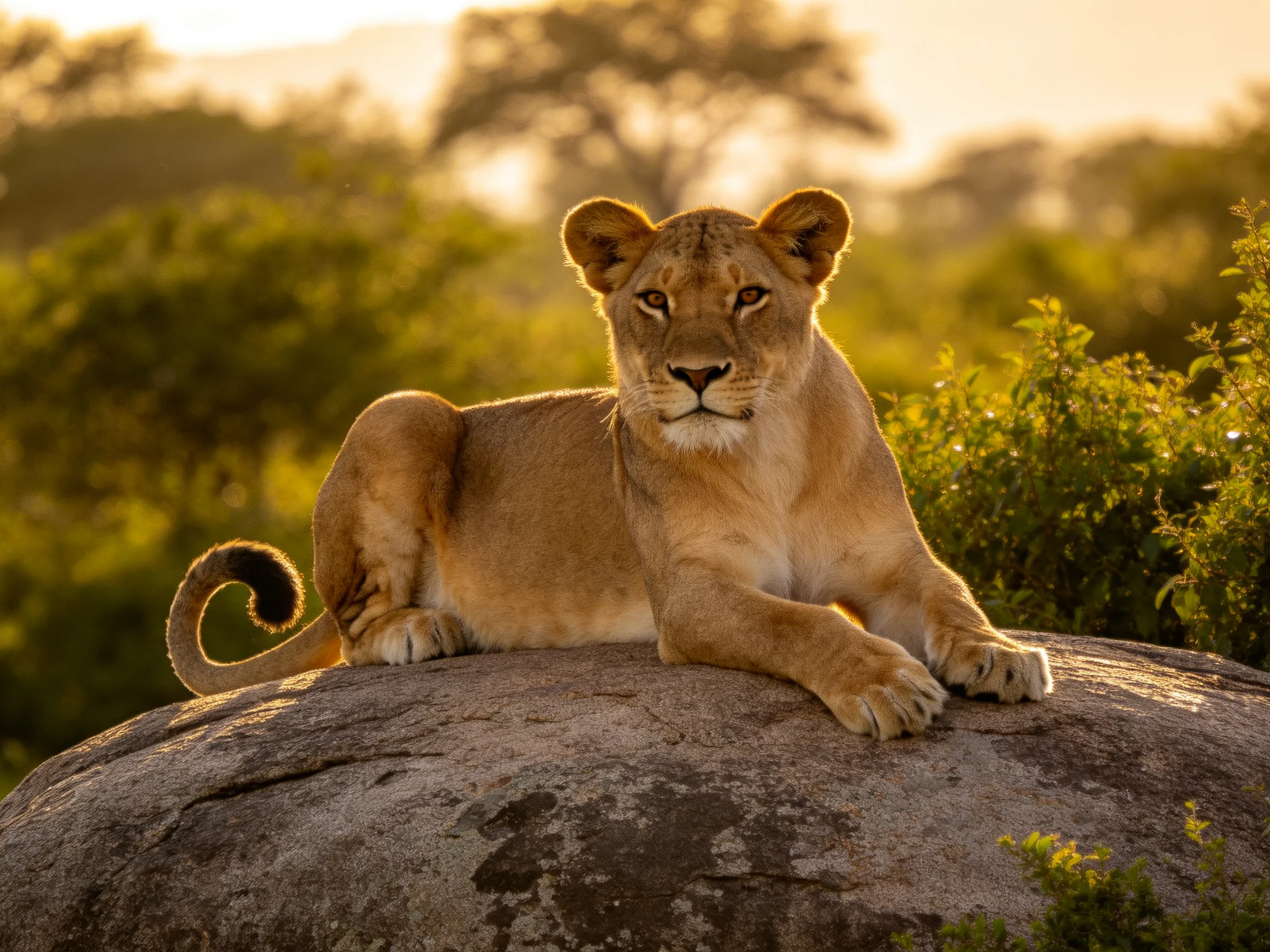 A lioness rests on a large rock in a sun-drenched savannah