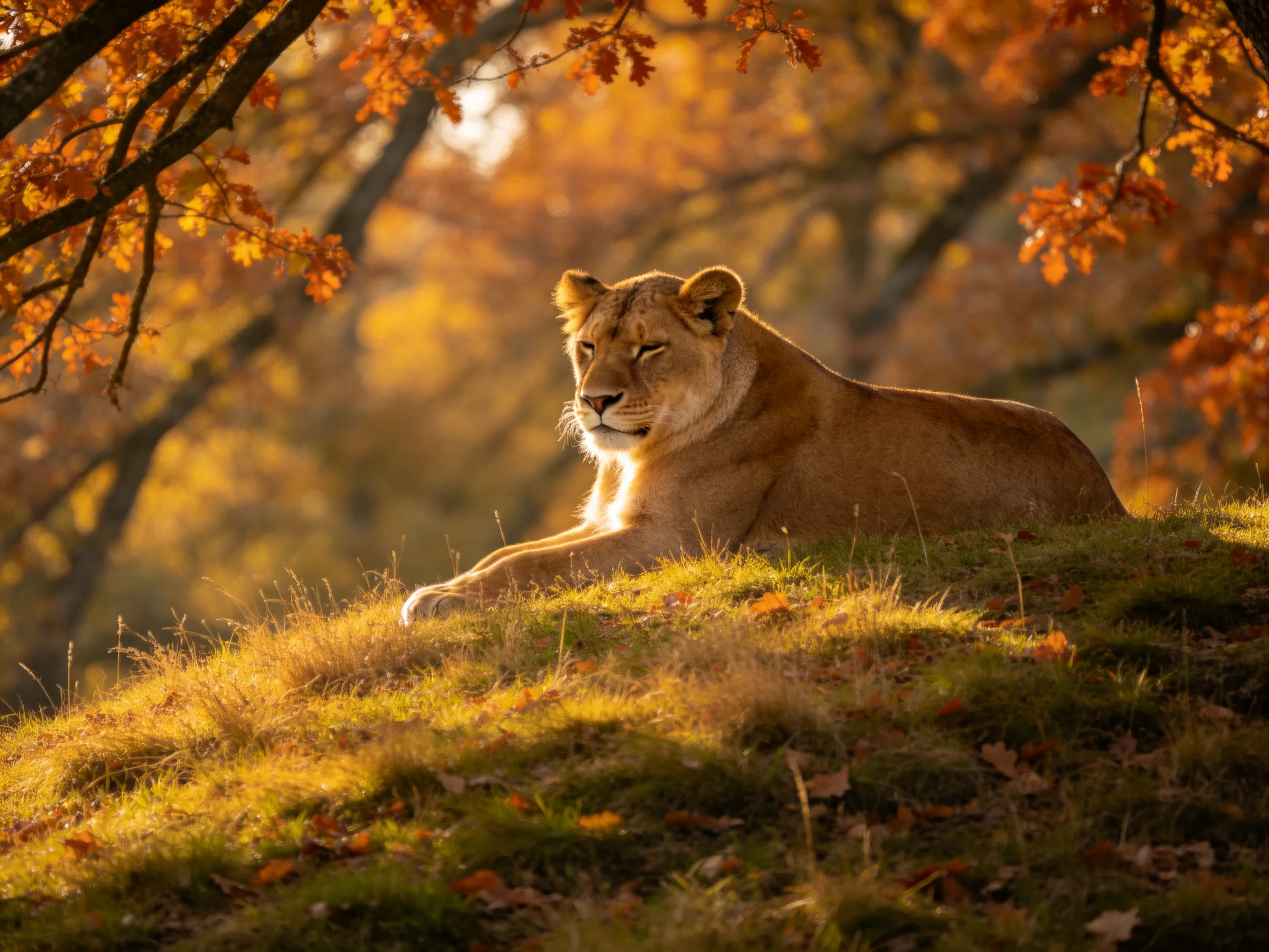A lioness rests on a mossy hill amid golden autumn trees