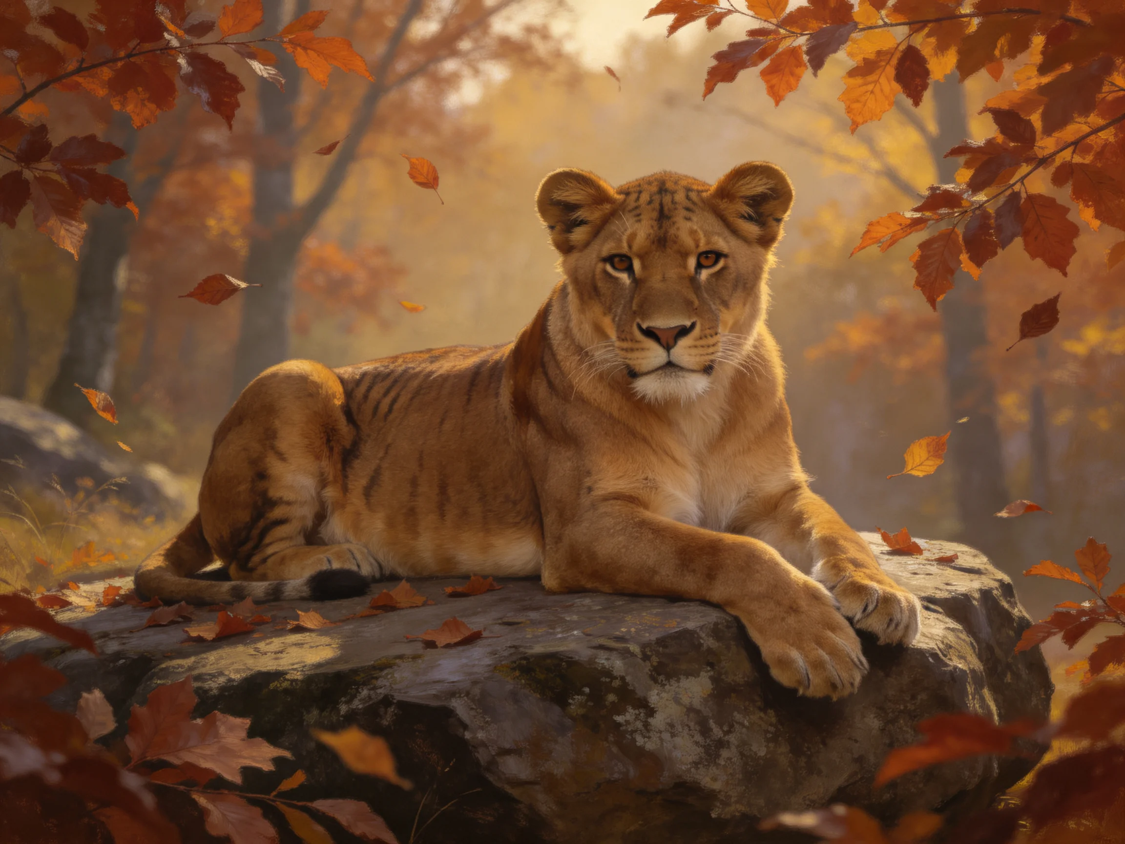 A lioness rests on a mossy rock amid an autumn forest with falling leaves