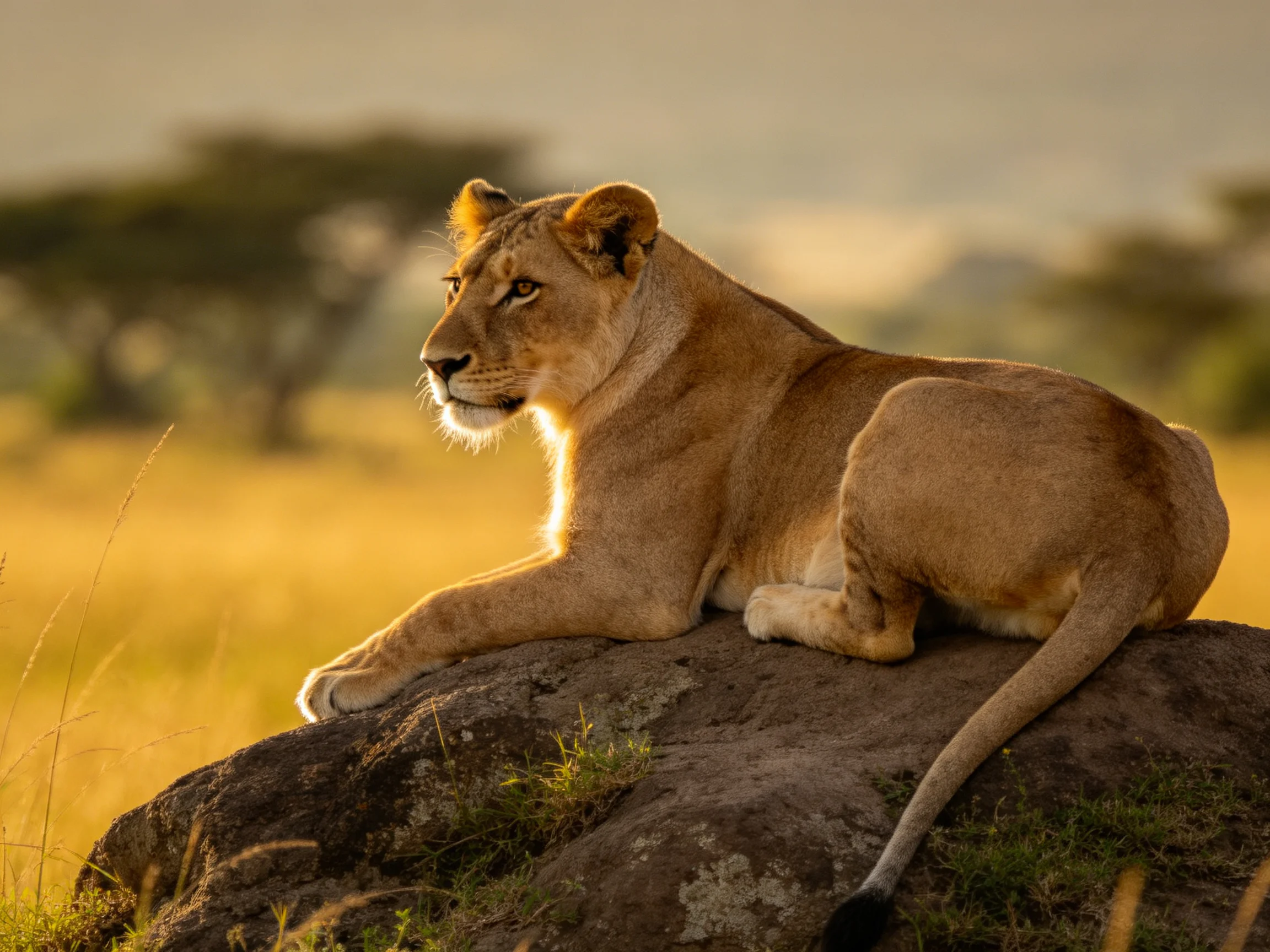 A lioness rests on a rocky outcrop in golden savannah light