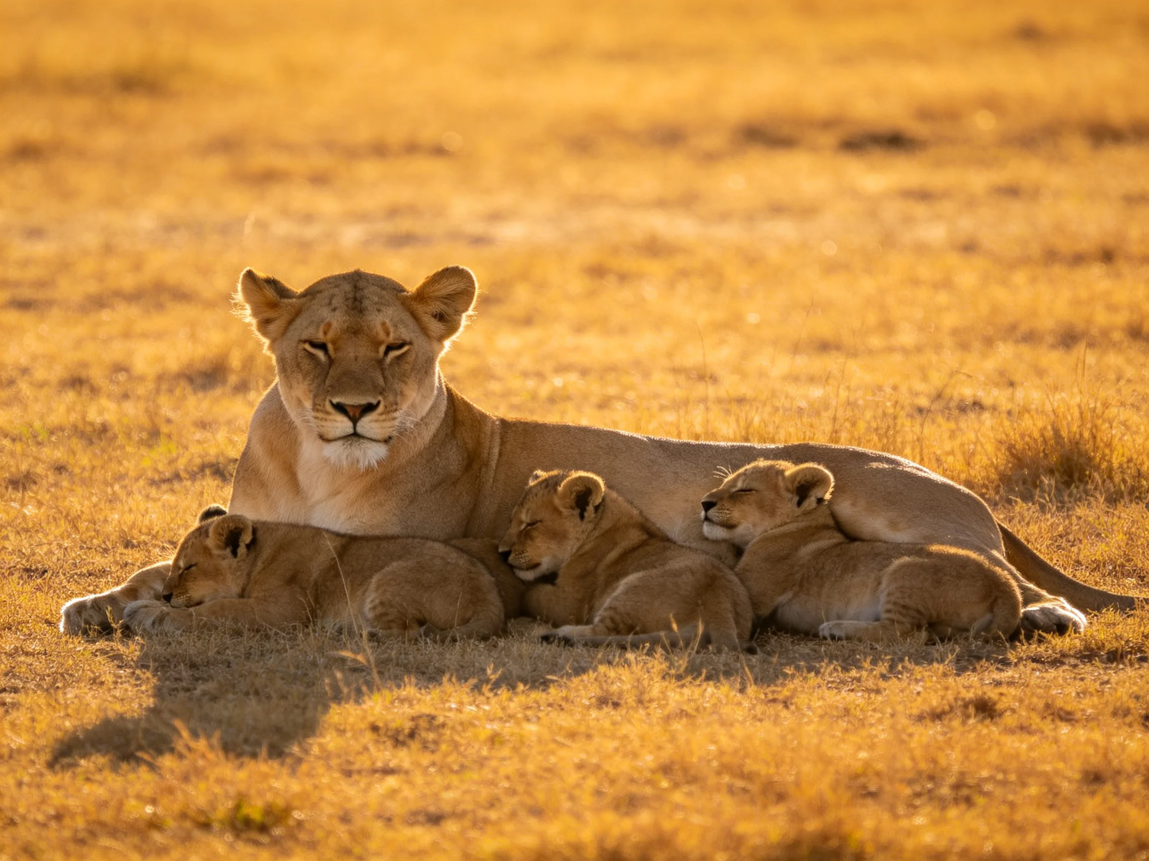 A lioness rests with three cubs in golden savannah grass