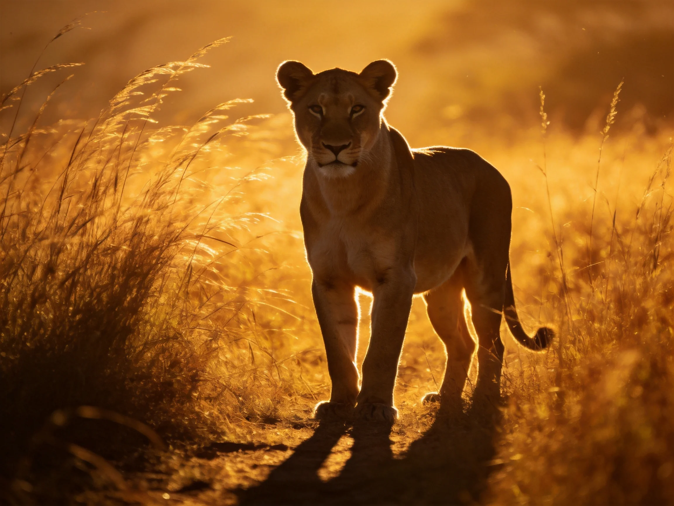 A lioness roams a golden savannah path of tall grasses