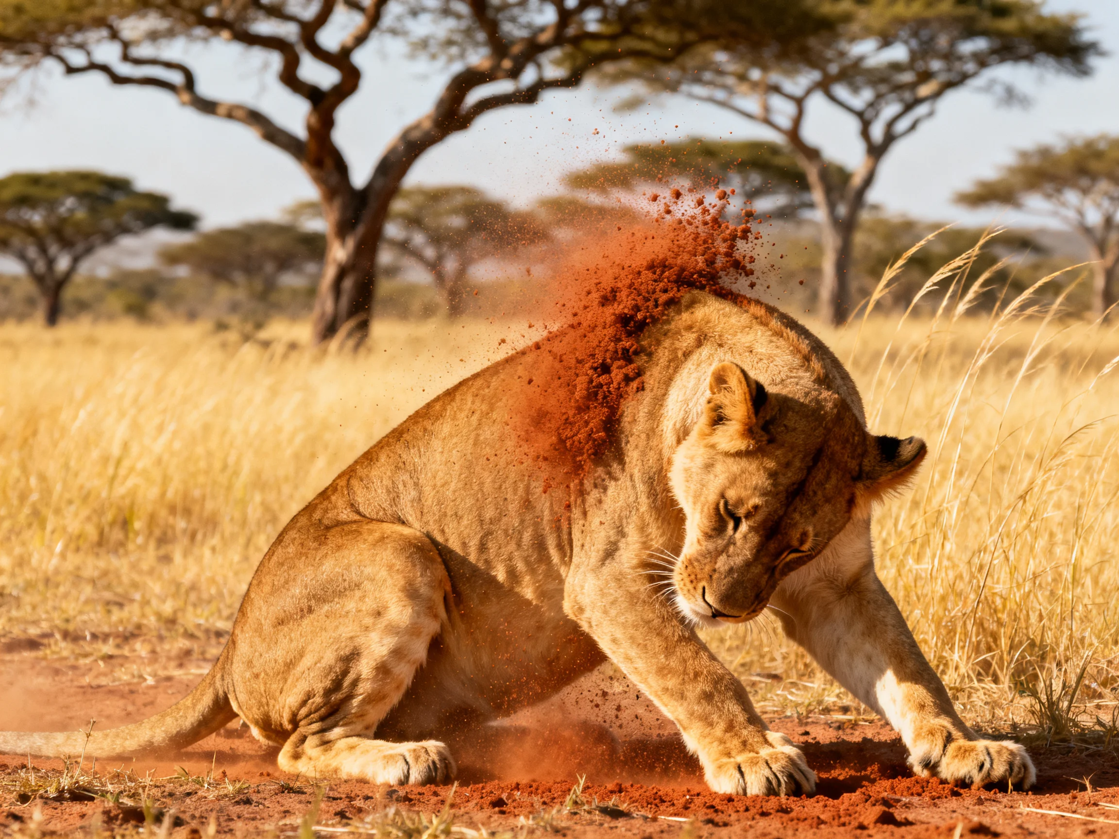 A lioness rolls in reddish dirt amid golden savannah grass