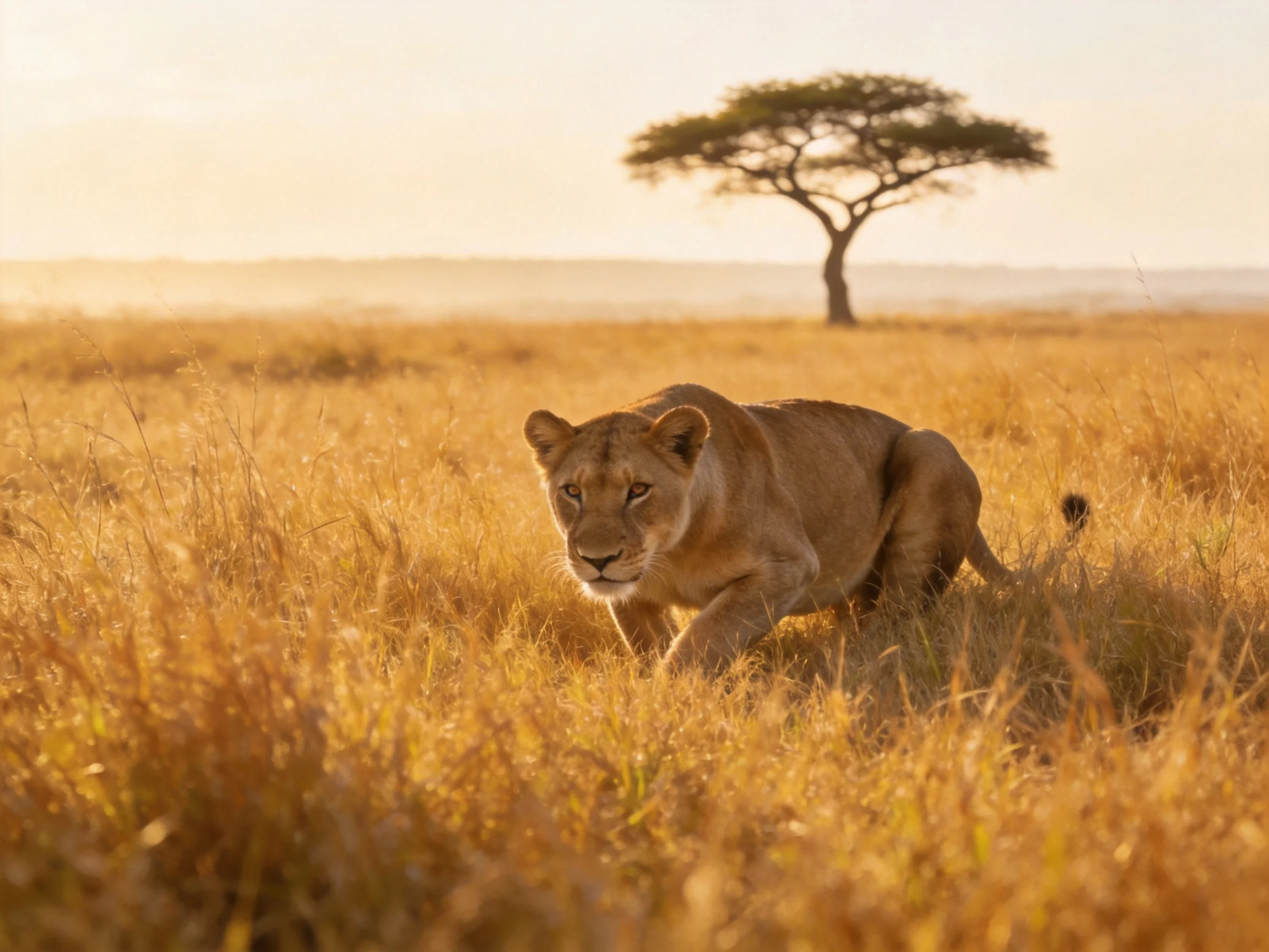 A lioness stalks through golden savannah near an acacia tree