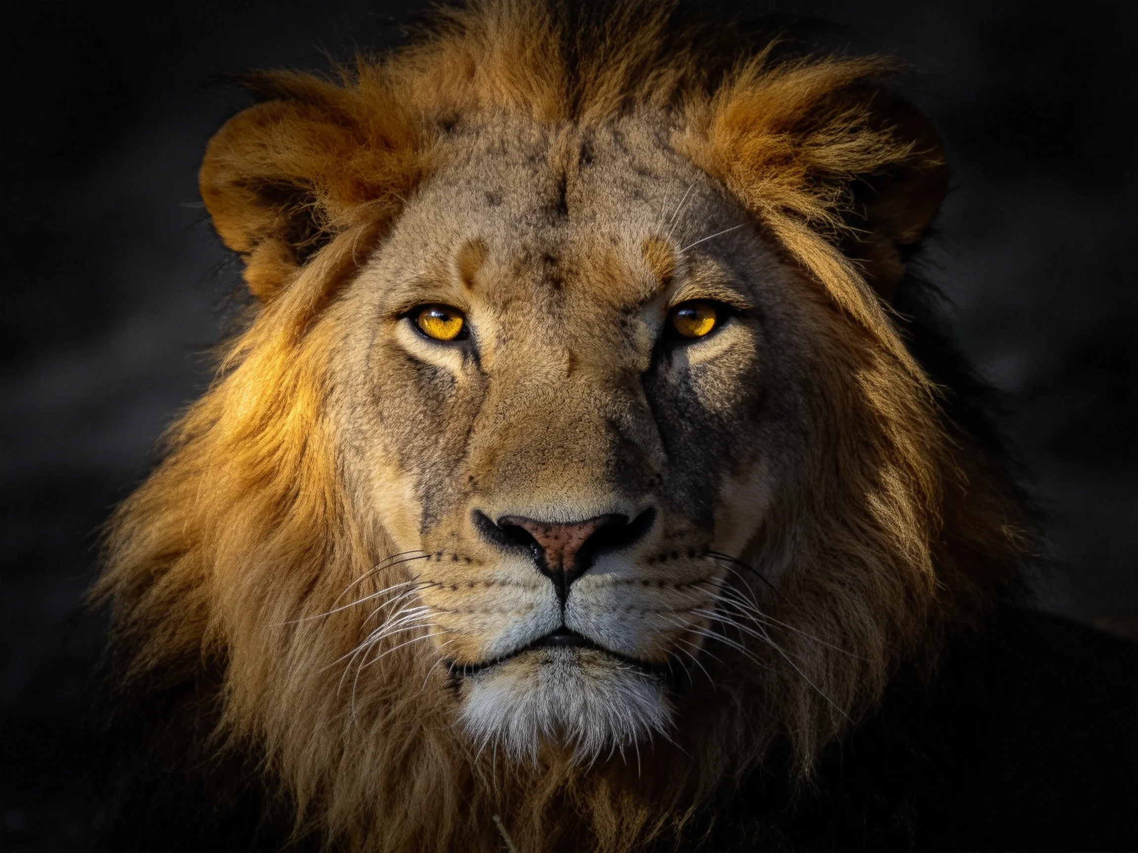 A lions face with golden mane and intense yellow eyes