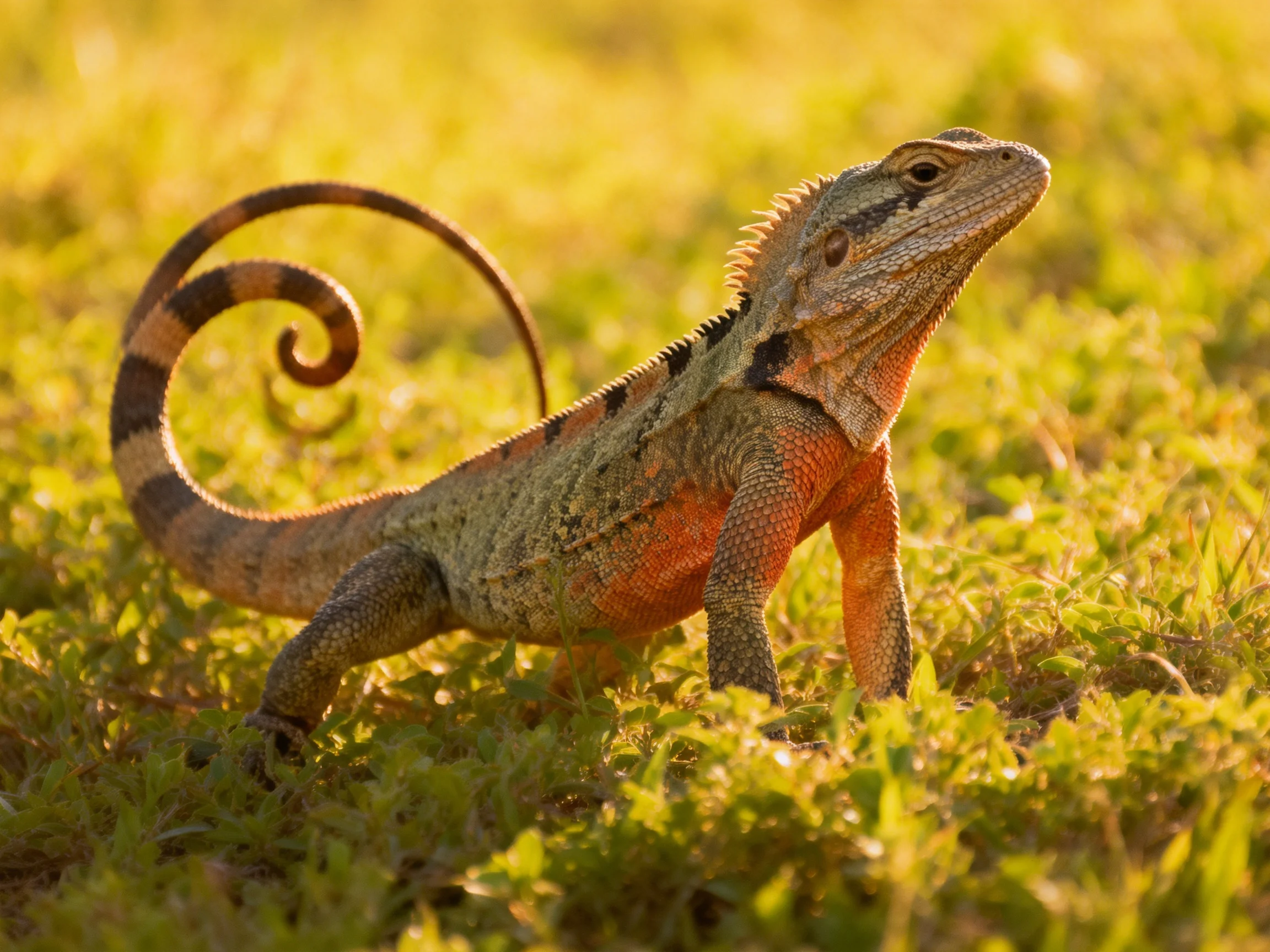 A lizard with a spiraled tail stands on sunlit grass
