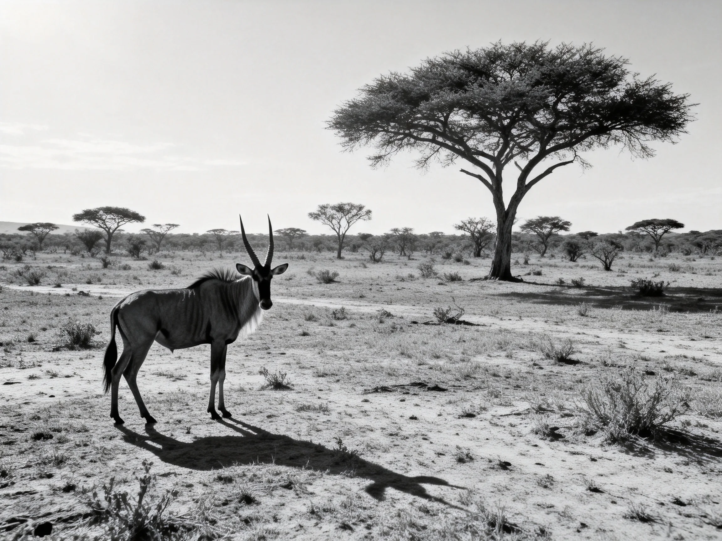 A lone antelope near a large acacia tree in savannah