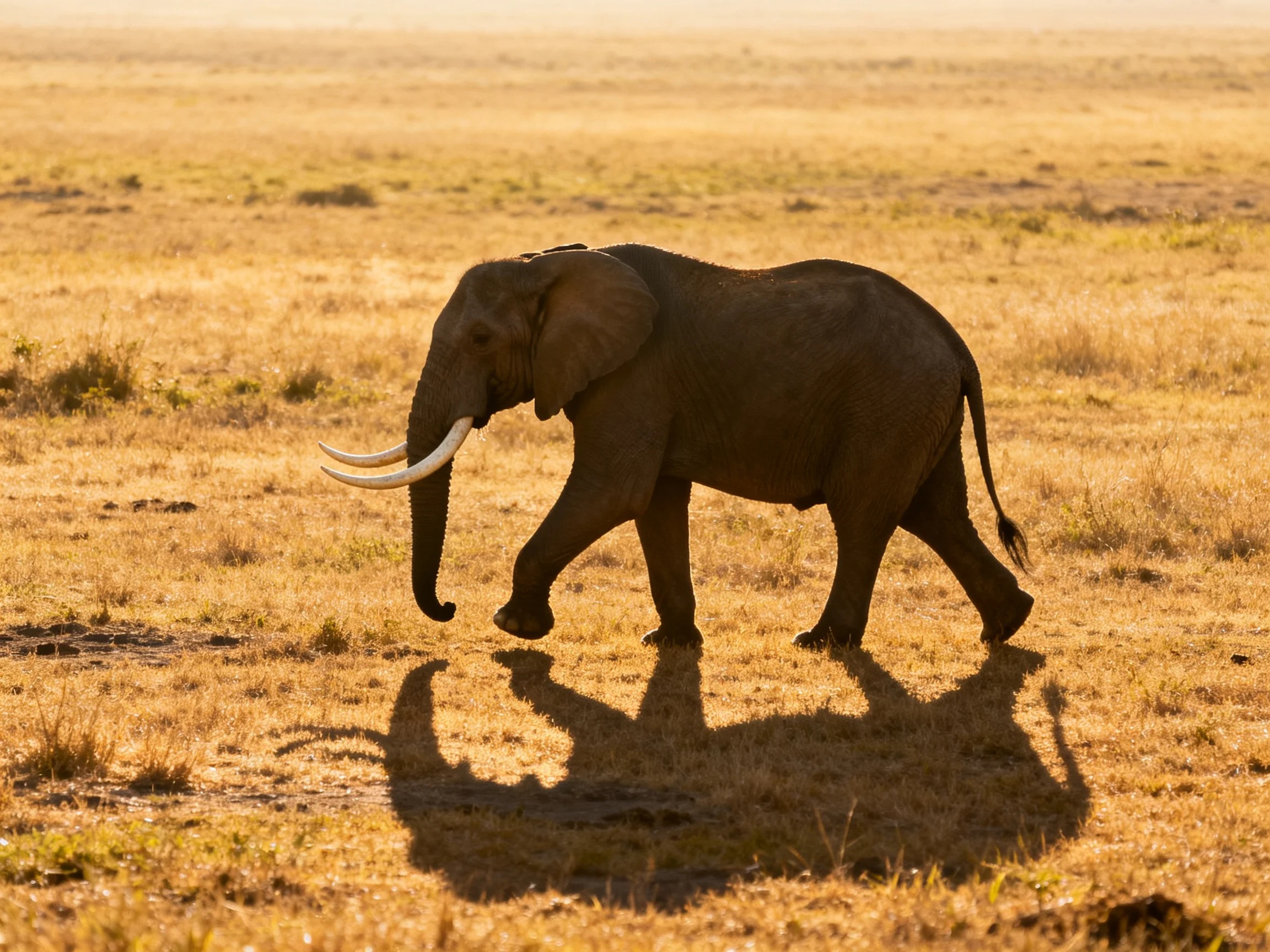 A lone elephant roams a golden savannah plain