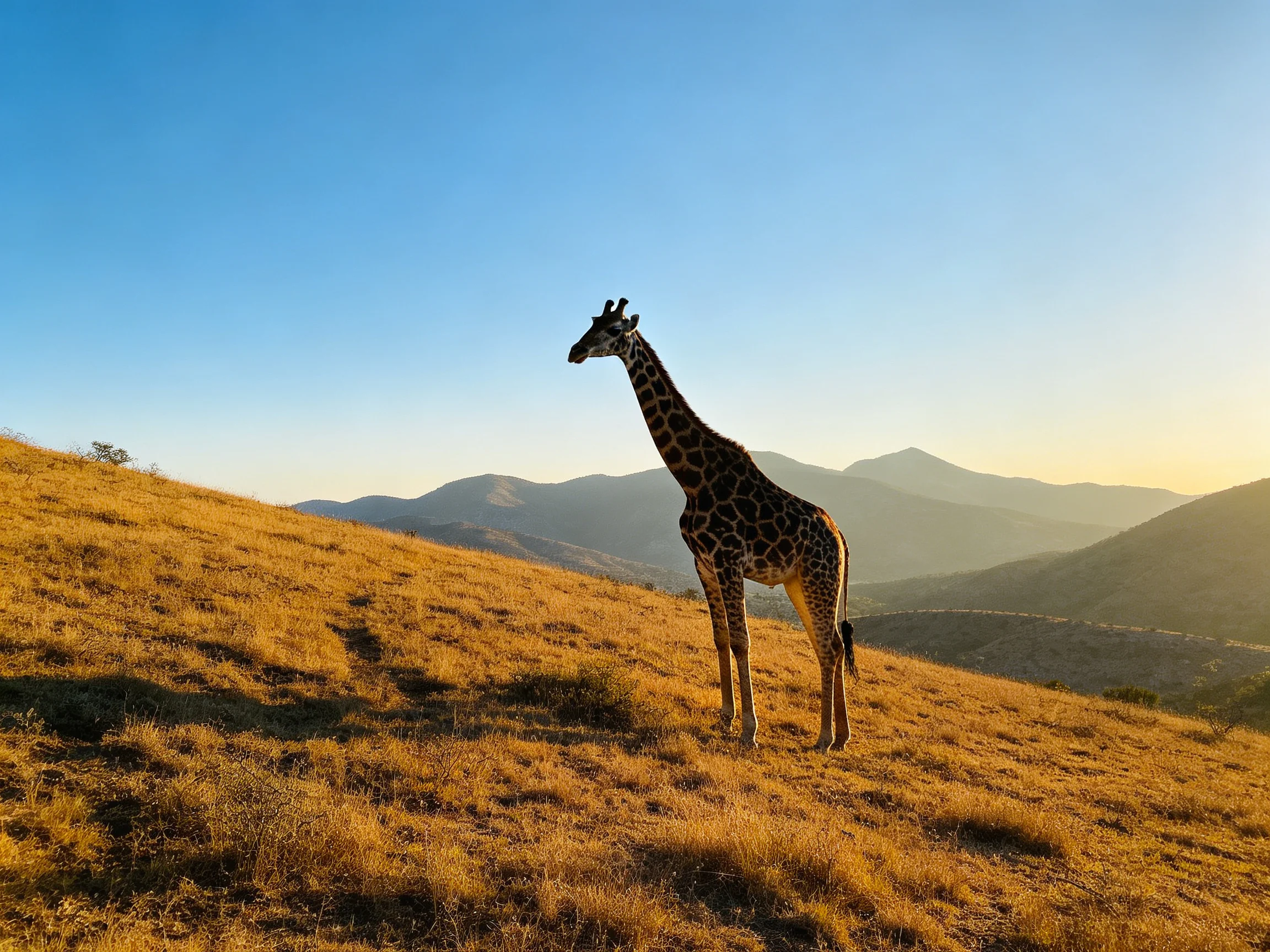 A lone giraffe on a golden hillside with distant mountain ranges