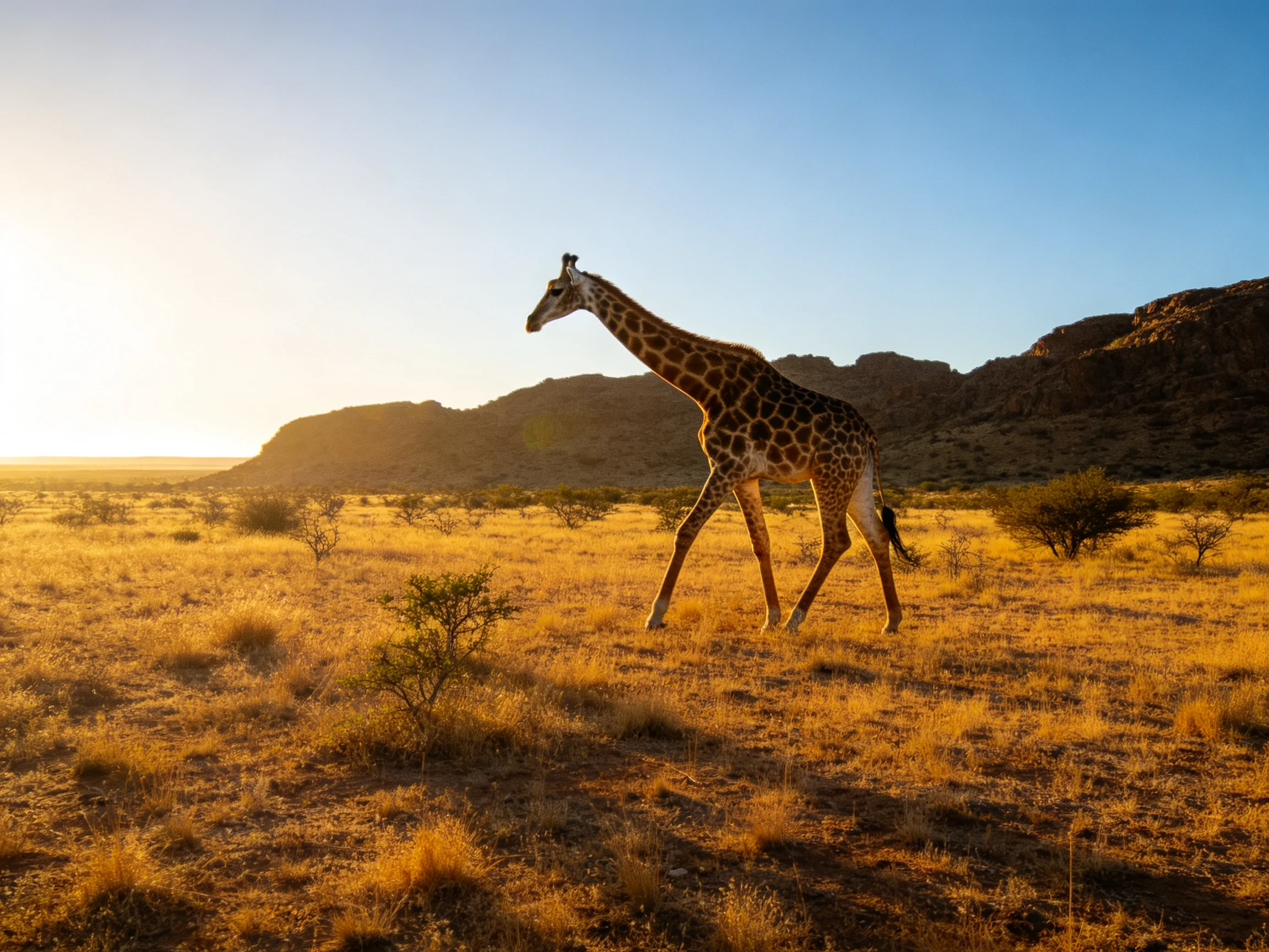 A lone giraffe roams a golden savannah near rocky hills