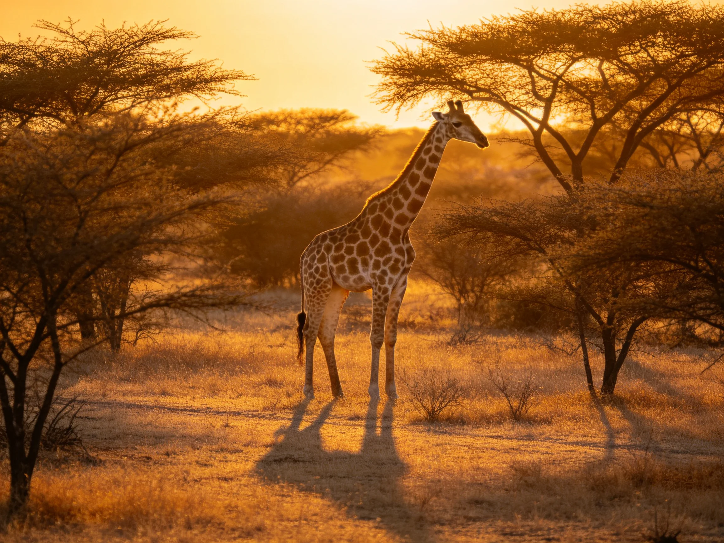 A lone giraffe stands amid acacia trees in golden savannah light