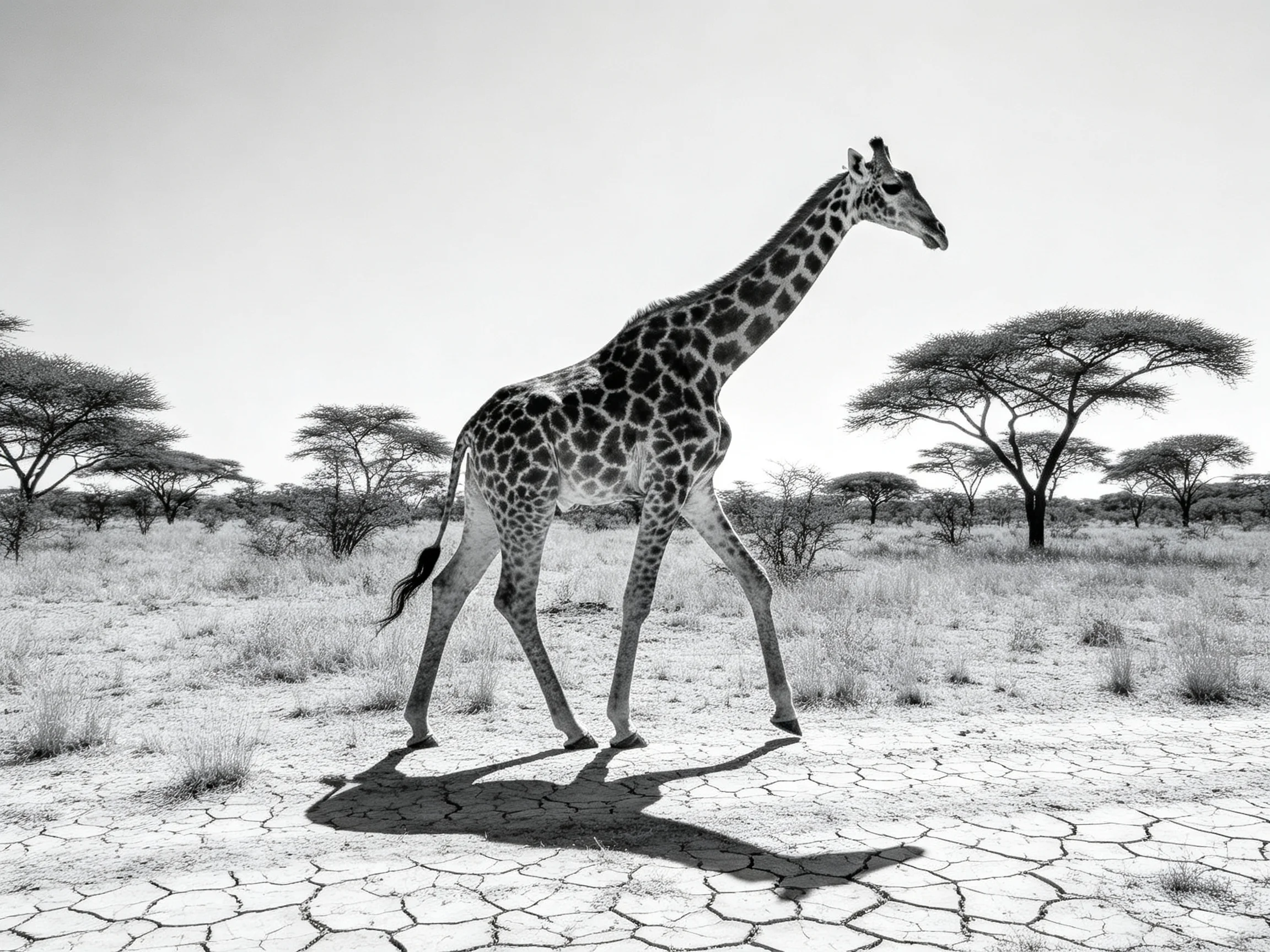 A lone giraffe walks across a dry savannah with scattered acacia trees