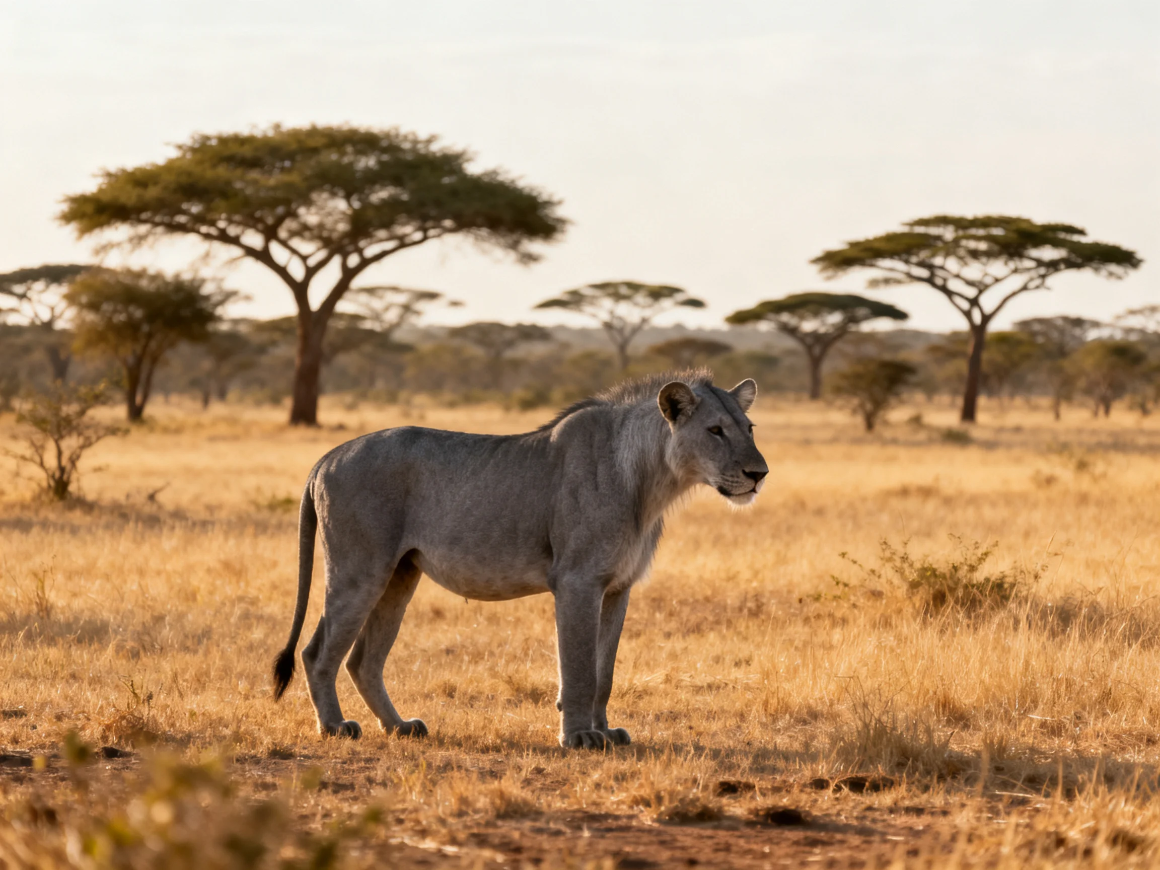 A lone gray lioness stands amidst golden savannah grasses near acacia trees