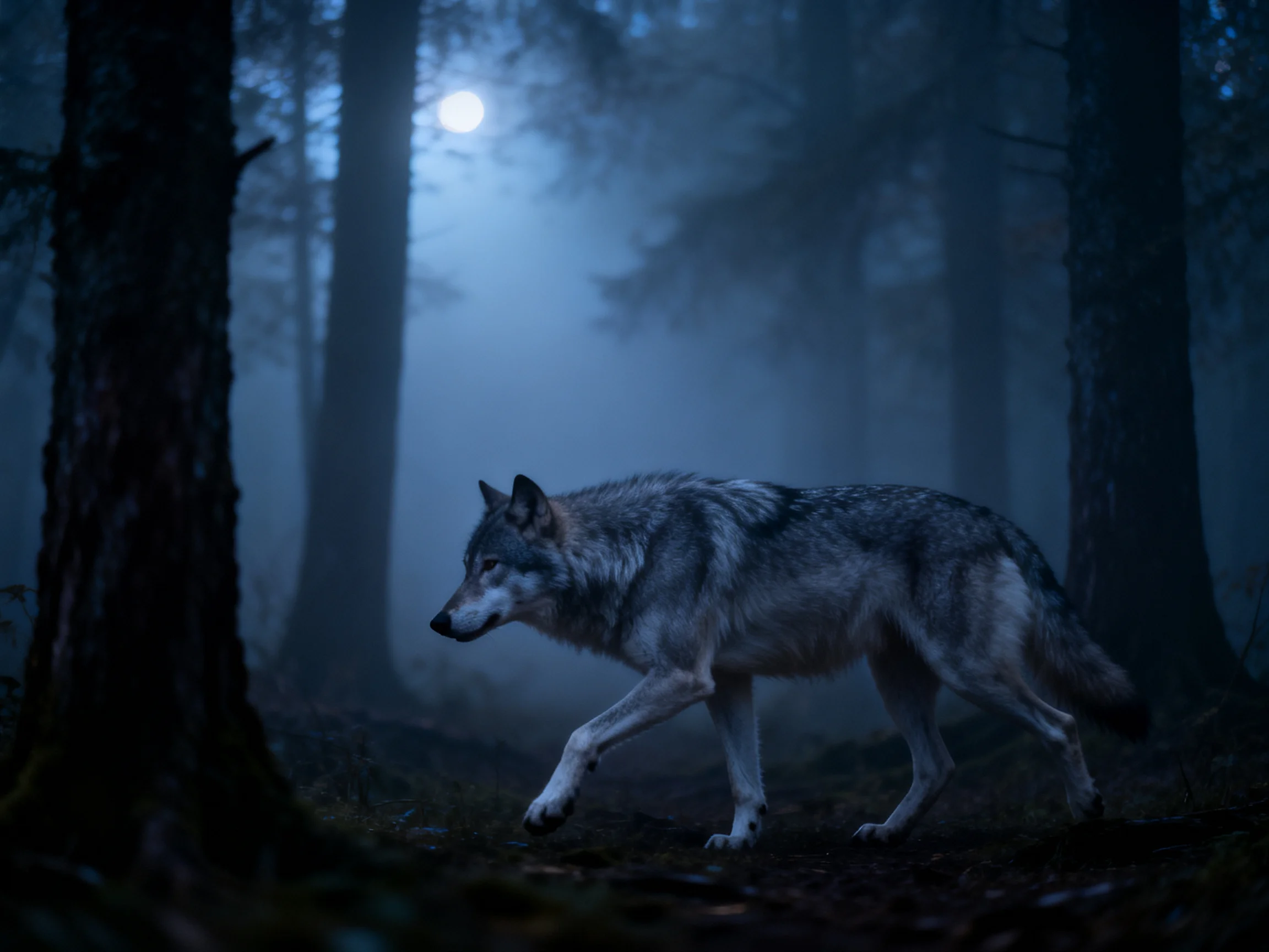 A lone gray wolf roams a misty, moonlit forest