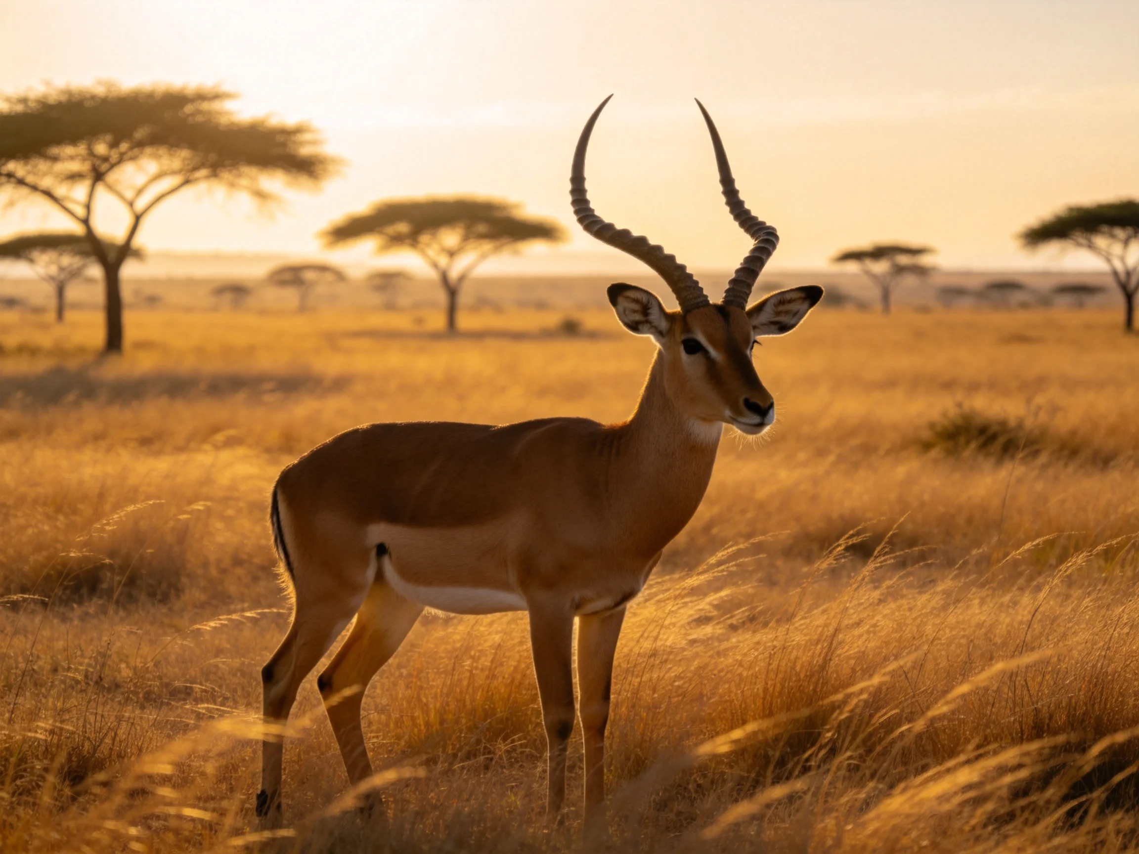 A lone impala in golden savannah with scattered acacia trees