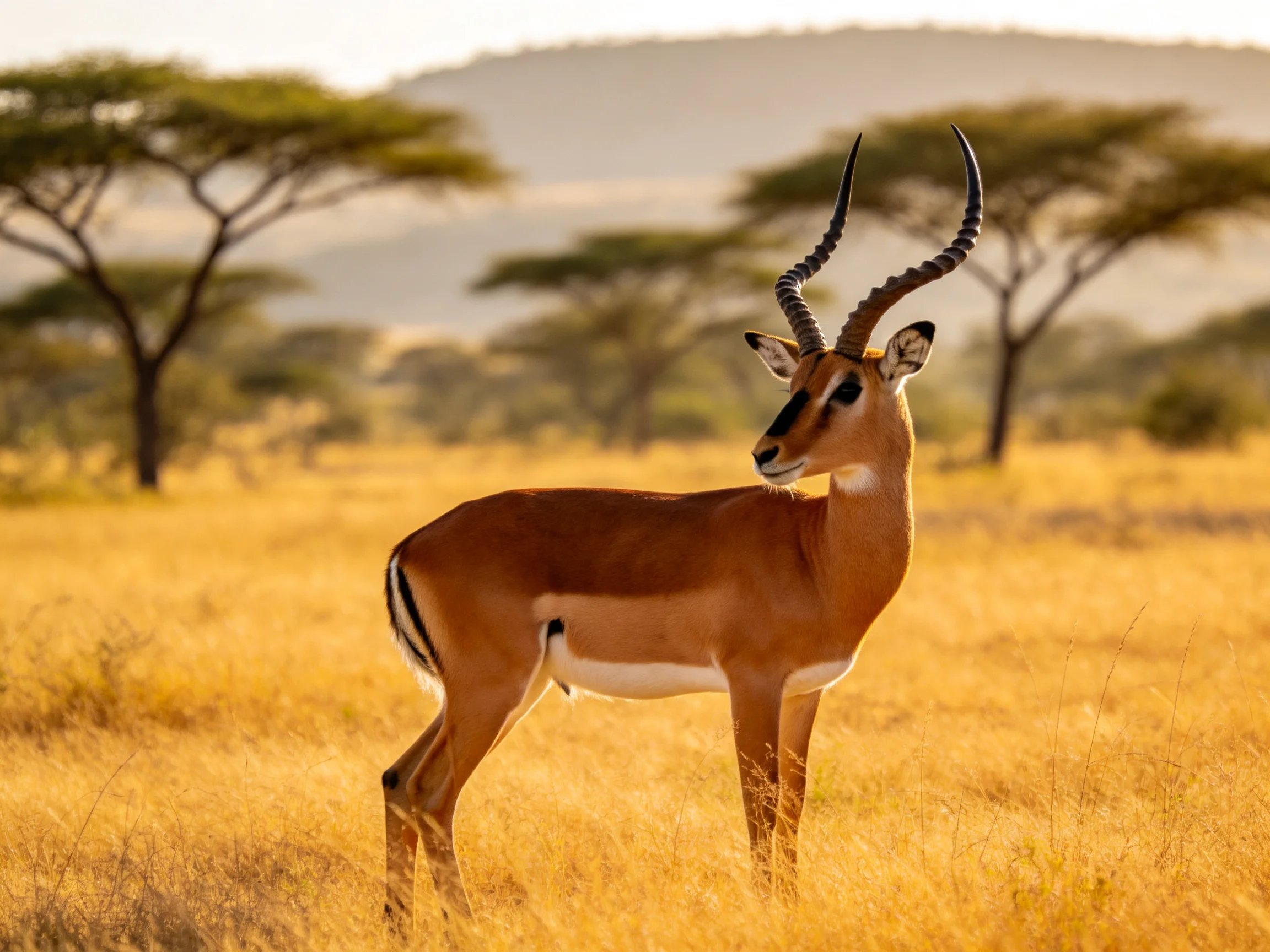 A lone impala stands in golden savannah near acacia trees