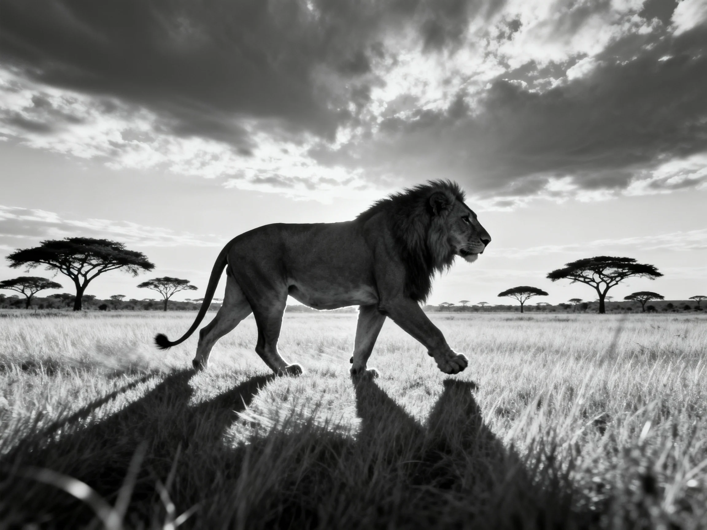 A lone lion roams an expansive savannah landscape