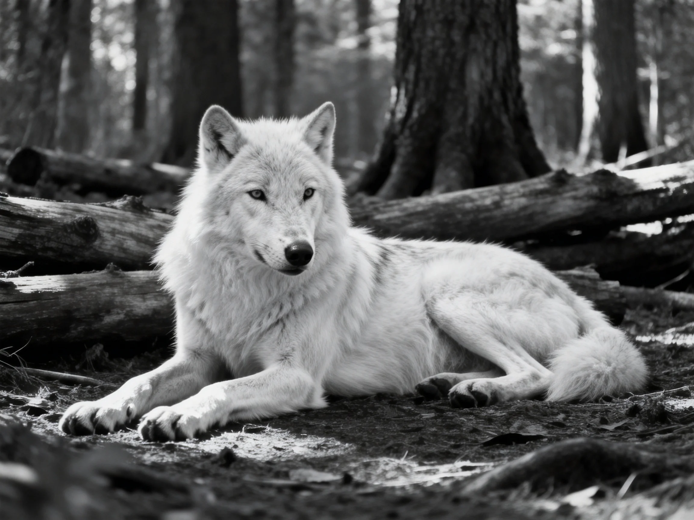 A lone white wolf rests among fallen trees in a dense forest