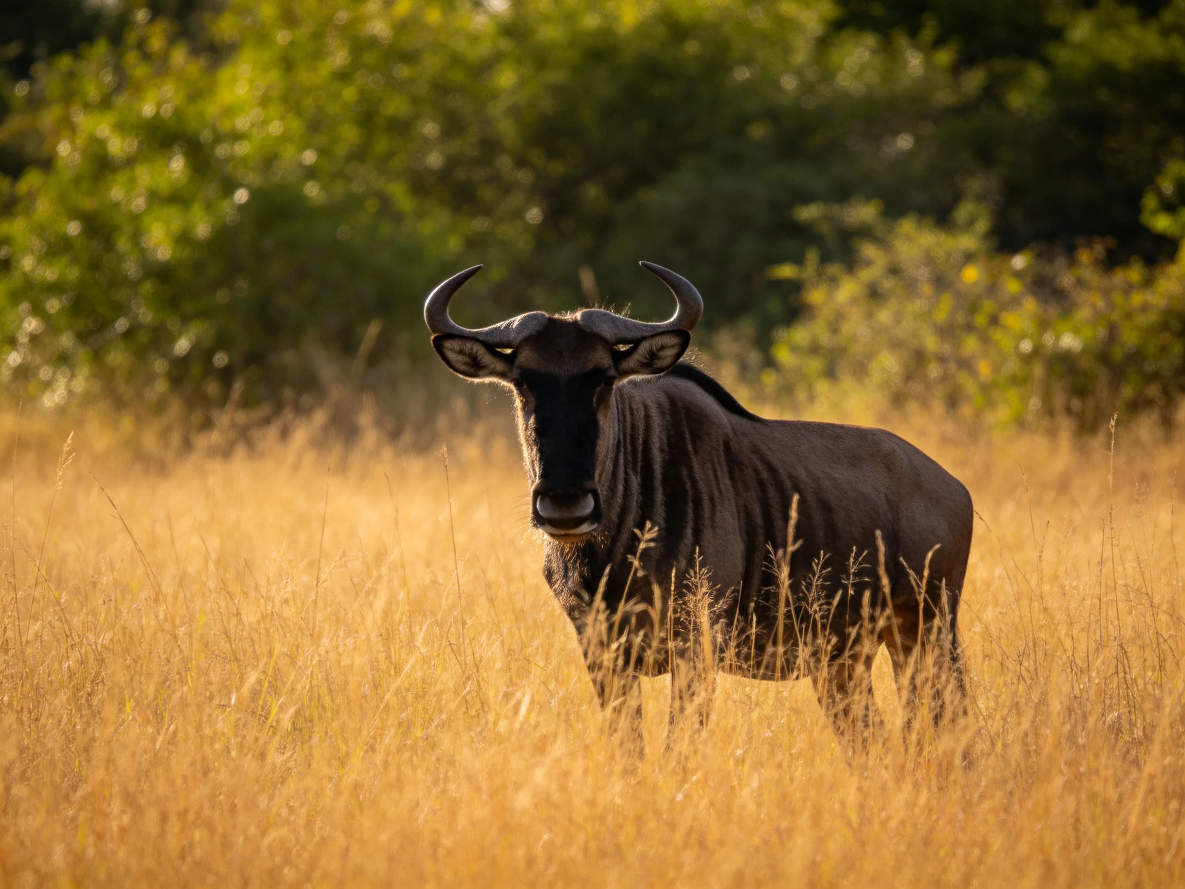 A lone wildebeest in golden savannah grass with green foliage
