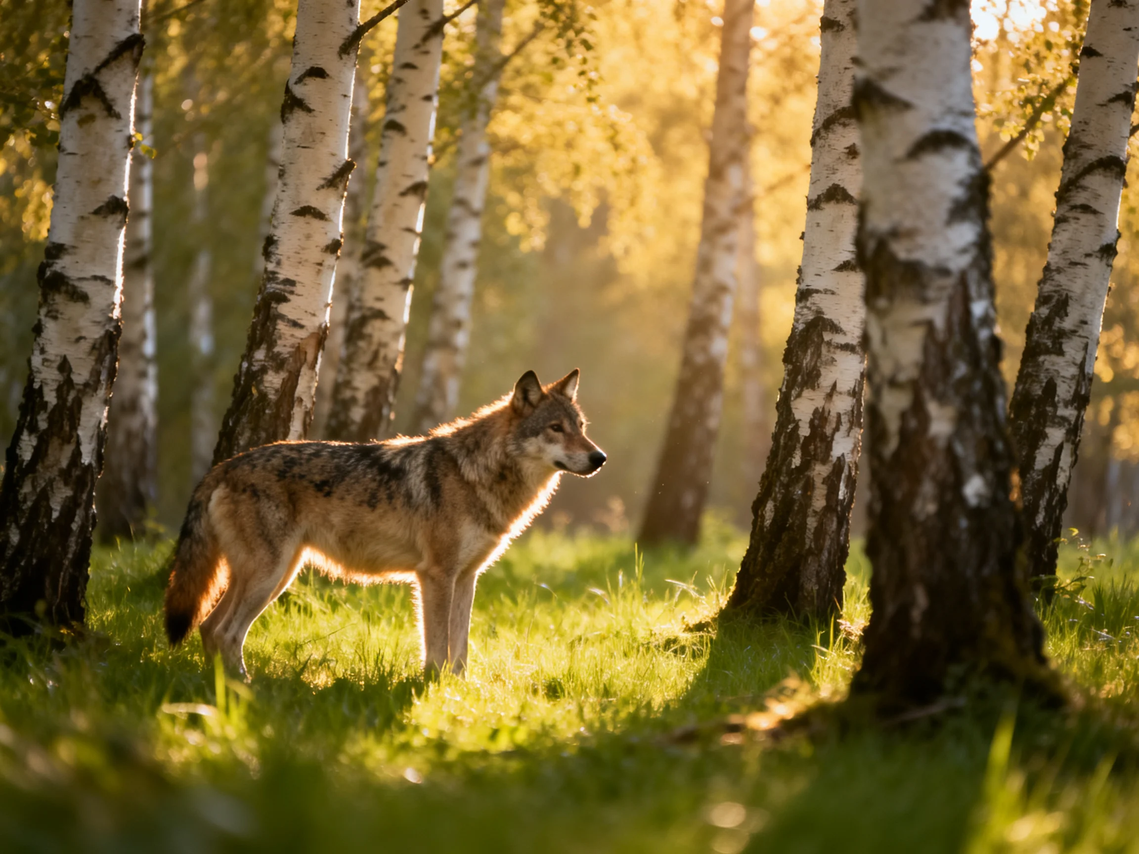 A lone wolf stands among tall white-barked birches in golden sunlight